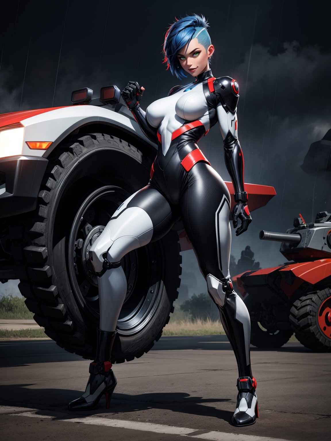 A woman, wearing megaman costume + black mecha suit with white parts, black with red parts, tight and tight costume, monstrously giant breasts, blue hair, short hair, mohawk hair, looking at the viewer,(((pose interacting and leaning [on something|on an object]))), on a battlefield with various war vehicles, machines,  robots, it's at night, raining hard, thundering very hard, ((full body):1.5), 16k, UHD, best possible quality, ultra detailed, best possible resolution, Unreal Engine 5, professional photography, well-detailed fingers, well-detailed hand, perfect_hands
