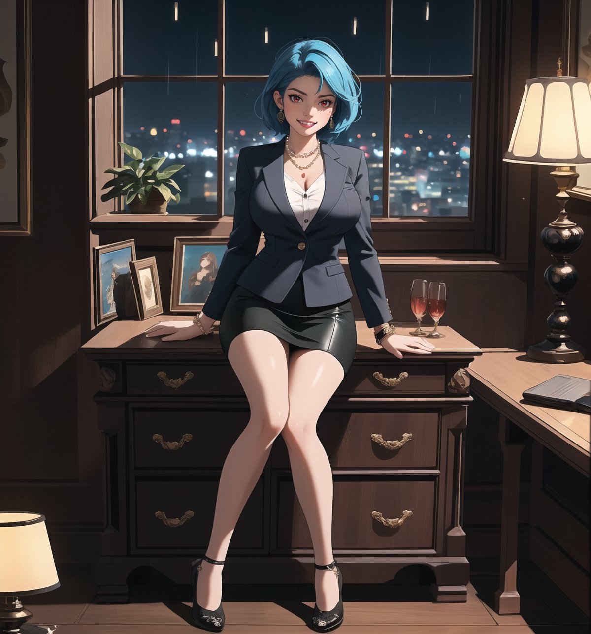 An ultra-detailed 4K fantasy-adventure masterpiece, rendered in ultra-high resolution with stunning graphical detail. | Sophia, a 35-year-old woman, is dressed in a lawyer's suit, consisting of a white blouse, black skirt and black jacket. She also wears a pearl necklace, pearl earrings, a gold bracelet, and a gold wristwatch. Her short blue hair is slicked back in a sleek, modern cut. Her red eyes are looking straight at the viewer, while she ((smiles and shows her teeth)), wearing bright red lipstick and war paint on her face. It is located in a law office, with wooden structures, a window showing the city at night, raining heavily, metal structures and a computer on the table. The light from the table lamp illuminates the room, creating a professional and focused atmosphere. | The image highlights Sophia's sensual and strong figure and the elements of the law office, creating an atmosphere of mystery and adventure. Dramatic lighting creates deep shadows and highlights details in the scene. | Soft, moody lighting effects create a relaxing and mysterious atmosphere, while rough, detailed textures on structures and decor add realism to the image. | A sensual and terrifying scene of a beautiful woman in a law office at night, fusing fantasy and adventure art elements. | (((The image reveals a full-body shot as Sophia assumes a sensual pose, engagingly leaning against a structure within the scene in an exciting manner. She takes on a sensual pose as she interacts, boldly leaning on a structure, leaning back and boldly throwing herself onto the structure, reclining back in an exhilarating way.))). | ((((full-body shot)))), ((perfect pose)), ((perfect limbs, perfect fingers, better hands, perfect hands))++, ((perfect legs, perfect feet))++, ((huge breasts)), ((perfect design)), ((perfect composition)), ((very detailed scene, very detailed background, perfect layout, correct imperfections)), Enhance++, Ultra details++, More Detail++