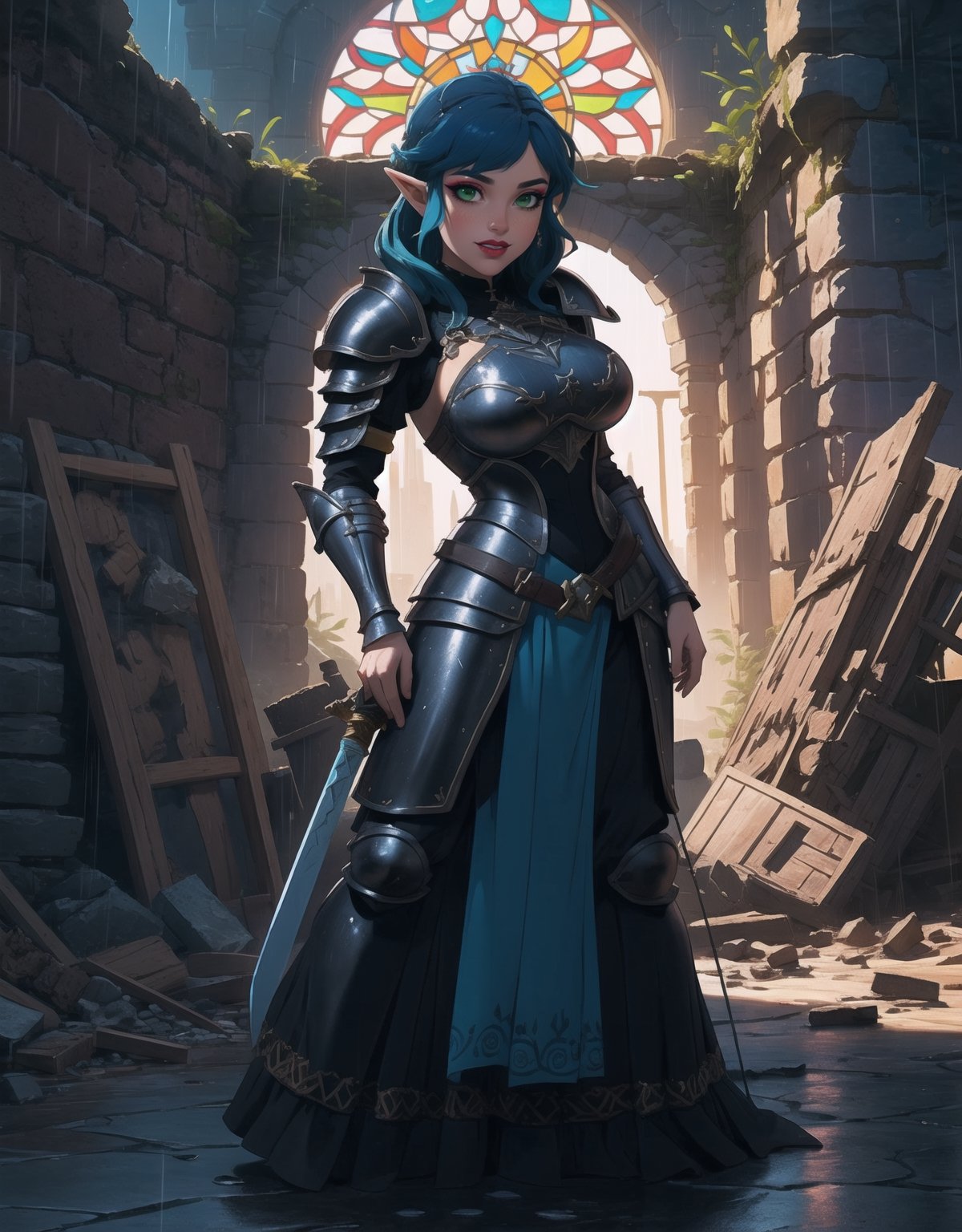 Resolution in UHD, inspired by the style of Zelda: Breath of the Wild. | Among the ruins of an ancient castle, a woman of extraordinary beauty wears a completely black medieval armor. Her blue eyes radiate happiness, and a big smile lights up her face as she looks directly at the viewer. The short and spiky blue hair, with a generous fringe covering the right eye, adds a unique touch. Adopting a sensual pose, she leans on a large structure, gracefully leaning backward. The camera, positioned very close, focuses on the entire body of the main character. | The nighttime environment is intensified by heavy rain, revealing detailed ruins, a large sword embedded in a stone, rusty armor, and rocky structures. A large stained glass window adorns the scene with vibrant colors, while destroyed furniture and ancient texts complete the atmosphere. | Meticulously adjusted lighting enhances the beauty of the woman in the black armor, while rain effects add movement to the scene. The Breath of the Wild style is incorporated in the fusion of medieval and fantastical elements. | An exceptional warrior in black medieval armor, radiating happiness in the ruins of an ancient castle during a rainy night. | She is adopting a ((sensual pose as interacts, boldly leaning on a large structure in the scene, leaning back in a dynamic way, adding a unique touch to the scene.):1.3), (((full body image))), perfect hand, fingers, hand, perfect, better_hands, More Detail,