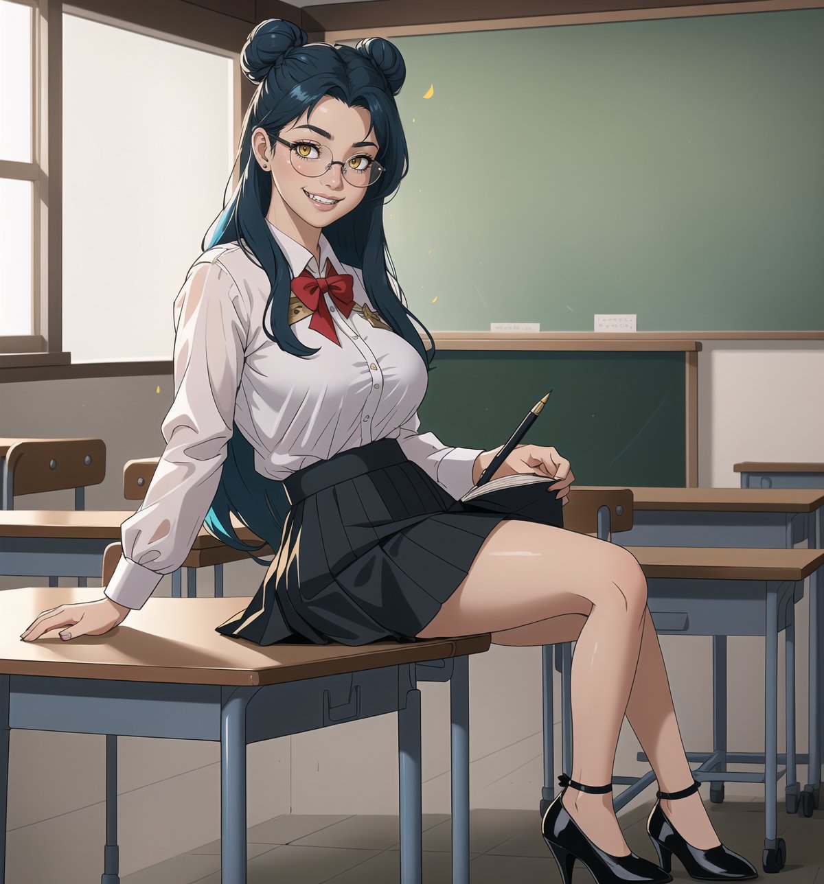 A masterpiece in 8K ultra-detailed resolution with Realistic and Comedy styles, rendered in ultra-high resolution with graphic details. | A young 23-year-old woman, wearing a white blouse, a black skirt, black stockings, black high-heeled shoes, and reading glasses. Her long ((blue hair)) is tied up in a high bun with a pen. Her yellow eyes look at the viewer with a ((friendly smile, showing her teeth)). | The image emphasizes the figure of the woman in the middle of a classroom with tables and chairs, a blackboard, a pointer, textbooks, and an interactive whiteboard. The students are seated at the tables, listening attentively to the lesson. | Soft and natural lighting effects create a welcoming and fun atmosphere, while detailed textures on the clothes and fabrics add realism to the image. | A cheerful and humorous scene of a young teacher giving a lesson, exploring themes of education, fun, and learning. | (((((The image reveals a full-body shot of the character as she assumes a sensual pose. She enticingly leans, throws herself, and supports herself against a structure within the scene in an exciting manner. While leaning back, she takes on a sensual pose, boldly throwing herself onto the structure and reclining back in an exhilarating way.))))). | ((full-body shot)), ((perfect pose)), ((perfect fingers, better hands, perfect hands)), ((perfect legs, perfect feet)), ((huge breasts)), ((perfect design)), ((perfect composition)), ((very detailed scene, very detailed background, perfect layout, correct imperfections)), More Detail, Enhance,