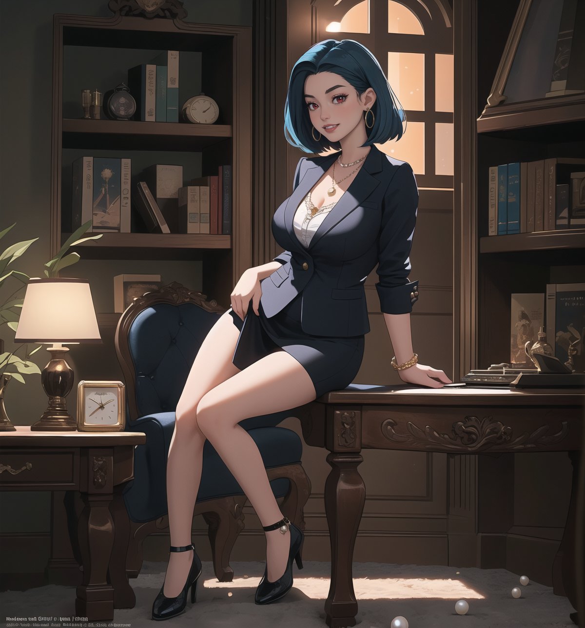 An ultra-detailed 4K fantasy-adventure masterpiece, rendered in ultra-high resolution with stunning graphical detail. | Sophia, a 35-year-old woman, is dressed in a lawyer's suit, consisting of a white blouse, black skirt and black jacket. She also wears a pearl necklace, pearl earrings, a gold bracelet, and a gold wristwatch. Her short blue hair is slicked back in a sleek, modern cut. Her red eyes are looking straight at the viewer, while she ((smiles and shows her teeth)), wearing bright red lipstick and war paint on her face. It is located in a law office, with wooden structures, a window showing the city at night, raining heavily, metal structures and a computer on the table. The light from the table lamp illuminates the room, creating a professional and focused atmosphere. | The image highlights Sophia's sensual and strong figure and the elements of the law office, creating an atmosphere of mystery and adventure. Dramatic lighting creates deep shadows and highlights details in the scene. | Soft, moody lighting effects create a relaxing and mysterious atmosphere, while rough, detailed textures on structures and decor add realism to the image. | A sensual and terrifying scene of a beautiful woman in a law office at night, fusing fantasy and adventure art elements. | (((The image reveals a full-body shot as Sophia assumes a sensual pose, engagingly leaning against a structure within the scene in an exciting manner. She takes on a sensual pose as she interacts, boldly leaning on a structure, leaning back and boldly throwing herself onto the structure, reclining back in an exhilarating way.))). | ((((full-body shot)))), ((perfect pose)), ((perfect limbs, perfect fingers, better hands, perfect hands))++, ((perfect legs, perfect feet))++, ((huge breasts)), ((perfect design)), ((perfect composition)), ((very detailed scene, very detailed background, perfect layout, correct imperfections)), Enhance++, Ultra details++, More Detail++