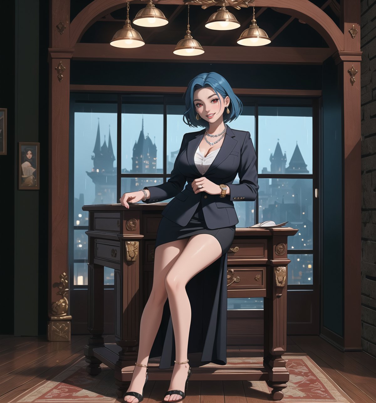 An ultra-detailed 4K fantasy-adventure masterpiece, rendered in ultra-high resolution with stunning graphical detail. | Sophia, a 35-year-old woman, is dressed in a lawyer's suit, consisting of a white blouse, black skirt and black jacket. She also wears a pearl necklace, pearl earrings, a gold bracelet, and a gold wristwatch. Her short blue hair is slicked back in a sleek, modern cut. Her red eyes are looking straight at the viewer, while she ((smiles and shows her teeth)), wearing bright red lipstick and war paint on her face. It is located in a law office, with wooden structures, a window showing the city at night, raining heavily, metal structures and a computer on the table. The light from the table lamp illuminates the room, creating a professional and focused atmosphere. | The image highlights Sophia's sensual and strong figure and the elements of the law office, creating an atmosphere of mystery and adventure. Dramatic lighting creates deep shadows and highlights details in the scene. | Soft, moody lighting effects create a relaxing and mysterious atmosphere, while rough, detailed textures on structures and decor add realism to the image. | A sensual and terrifying scene of a beautiful woman in a law office at night, fusing fantasy and adventure art elements. | (((The image reveals a full-body shot as Sophia assumes a sensual pose, engagingly leaning against a structure within the scene in an exciting manner. She takes on a sensual pose as she interacts, boldly leaning on a structure, leaning back and boldly throwing herself onto the structure, reclining back in an exhilarating way.))). | ((((full-body shot)))), ((perfect pose)), ((perfect limbs, perfect fingers, better hands, perfect hands))++, ((perfect legs, perfect feet))++, ((huge breasts)), ((perfect design)), ((perfect composition)), ((very detailed scene, very detailed background, perfect layout, correct imperfections)), Enhance++, Ultra details++, More Detail++