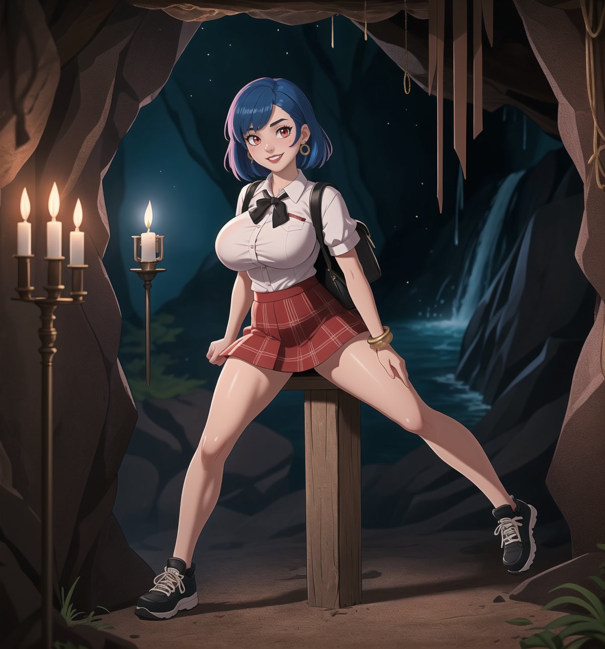 An ultra-detailed 4K fantasy-adventure masterpiece, rendered in ultra-high resolution with stunning graphical detail. | Akane, a young 22-year-old woman, is dressed in a schoolgirl uniform, consisting of a white blouse, black and red plaid skirt, black tie and black sneakers. She also wears a black cap with the school emblem, gold star-shaped earrings, black leather bracelets with metal details on the cuffs, and a black backpack. His short blue hair is disheveled, in a modern, shaggy cut. Her red eyes are looking straight at the viewer as she smiles and shows her teeth, wearing bright red lipstick and war paint on her face. It is located in a macabre cave, with rock structures, wooden structures, metal structures and a waterfall at the bottom. Candlelight illuminates the place, casting dancing shadows on the cave walls. | The image highlights Akane's sensual and strong figure and the macabre cave elements, creating an atmosphere of mystery and adventure. Dramatic lighting creates deep shadows and highlights details in the scene. | Soft, moody lighting effects create a relaxing and mysterious atmosphere, while rough, detailed textures on structures and decor add realism to the image. | A sensual and terrifying scene of a beautiful woman in a macabre cave, fusing elements of fantasy and adventure art. | (((The image reveals a full-body shot as Akane assumes a sensual pose, engagingly leaning against a structure within the scene in an exciting manner. She takes on a sensual pose as she interacts, boldly leaning on a structure, leaning back and boldly throwing herself onto the structure, reclining back in an exhilarating way.))). | ((((full-body shot)))), ((perfect pose)), ((perfect limbs, perfect fingers, better hands, perfect hands))++, ((perfect legs, perfect feet))++, ((huge breasts)), ((perfect design)), ((perfect composition)), ((very detailed scene, very detailed background, perfect layout, correct imperfections)), Enhance++, Ultra details++, More Detail++, poakl