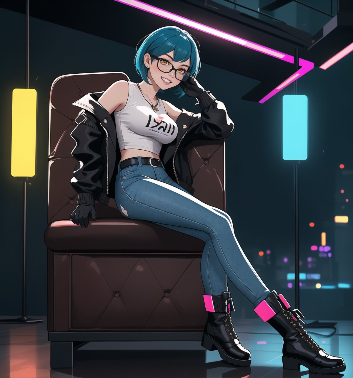 A masterpiece in 8K ultra-detailed resolution with Cyberpunk and Sci-Fi styles, rendered in ultra-high resolution with graphic details. | A young 23-year-old woman, wearing a black leather jacket with neon details, a white T-shirt, tight jeans, black leather boots and gloves, with a utility belt and augmented reality glasses. Her short blue hair, modern and stylish cut, with pink highlights, gently falls over her shoulders. Her yellow eyes look at the viewer with a ((seductive smile, showing her teeth)). | The image emphasizes the sensual figure of the woman in the middle of a modern bar with glass walls, metal furniture, neon lighting, holograms, and a dance floor. The electronic music plays loudly, creating a lively and energetic atmosphere. | Vibrant and colorful lighting effects create a futuristic and electrifying atmosphere, while detailed textures on the clothes and fabrics add realism to the image. | A sensual and futuristic scene of a young woman in a modern bar, exploring themes of seduction, technology, and energy. | (((((The image reveals a full-body shot of the character as she assumes a sensual pose. She enticingly leans, throws herself, and supports herself against a structure within the scene in an exciting manner. While leaning back, she takes on a sensual pose, boldly throwing herself onto the structure and reclining back in an exhilarating way.))))). | ((full-body shot)), ((perfect pose)), ((perfect fingers, better hands, perfect hands)), ((perfect legs, perfect feet)), ((huge breasts)), ((perfect design)), ((perfect composition)), ((very detailed scene, very detailed background, perfect layout, correct imperfections)), More Detail, Enhance