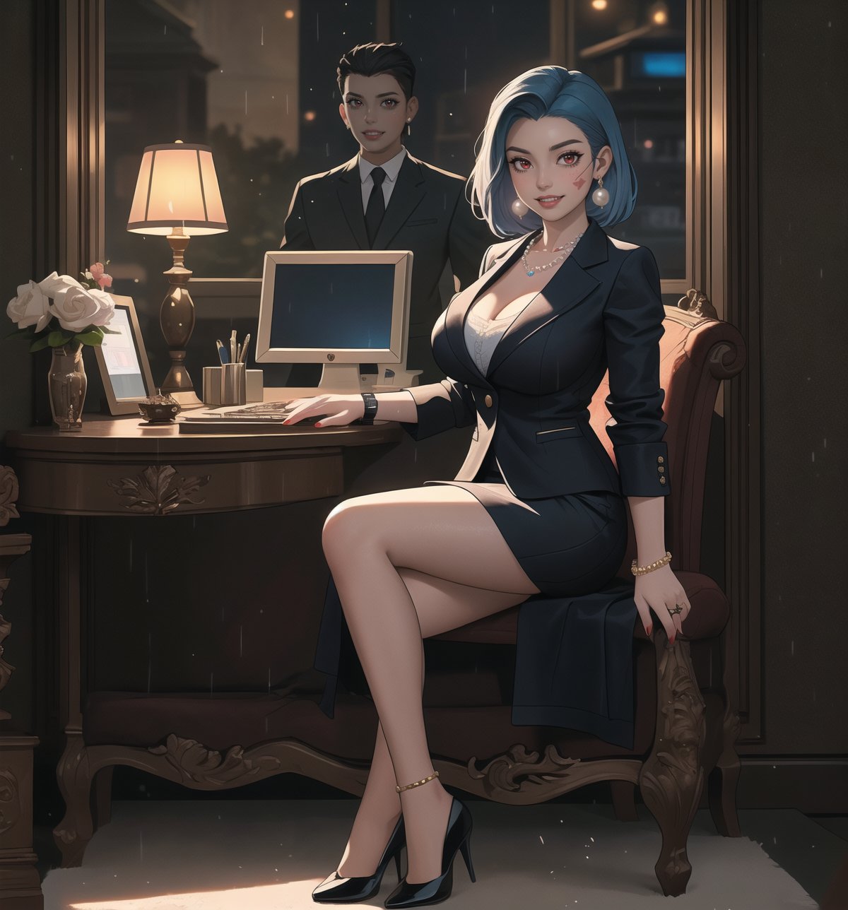 An ultra-detailed 4K fantasy-adventure masterpiece, rendered in ultra-high resolution with stunning graphical detail. | Sophia, a 35-year-old woman, is dressed in a lawyer's suit, consisting of a white blouse, black skirt and black jacket. She also wears a pearl necklace, pearl earrings, a gold bracelet, and a gold wristwatch. Her short blue hair is slicked back in a sleek, modern cut. Her red eyes are looking straight at the viewer, while she ((smiles and shows her teeth)), wearing bright red lipstick and war paint on her face. It is located in a law office, with wooden structures, a window showing the city at night, raining heavily, metal structures and a computer on the table. The light from the table lamp illuminates the room, creating a professional and focused atmosphere. | The image highlights Sophia's sensual and strong figure and the elements of the law office, creating an atmosphere of mystery and adventure. Dramatic lighting creates deep shadows and highlights details in the scene. | Soft, moody lighting effects create a relaxing and mysterious atmosphere, while rough, detailed textures on structures and decor add realism to the image. | A sensual and terrifying scene of a beautiful woman in a law office at night, fusing fantasy and adventure art elements. | (((The image reveals a full-body shot as Sophia assumes a sensual pose, engagingly leaning against a structure within the scene in an exciting manner. She takes on a sensual pose as she interacts, boldly leaning on a structure, leaning back and boldly throwing herself onto the structure, reclining back in an exhilarating way.))). | ((((full-body shot)))), ((perfect pose)), ((perfect limbs, perfect fingers, better hands, perfect hands))++, ((perfect legs, perfect feet))++, ((huge breasts)), ((perfect design)), ((perfect composition)), ((very detailed scene, very detailed background, perfect layout, correct imperfections)), Enhance++, Ultra details++, More Detail++