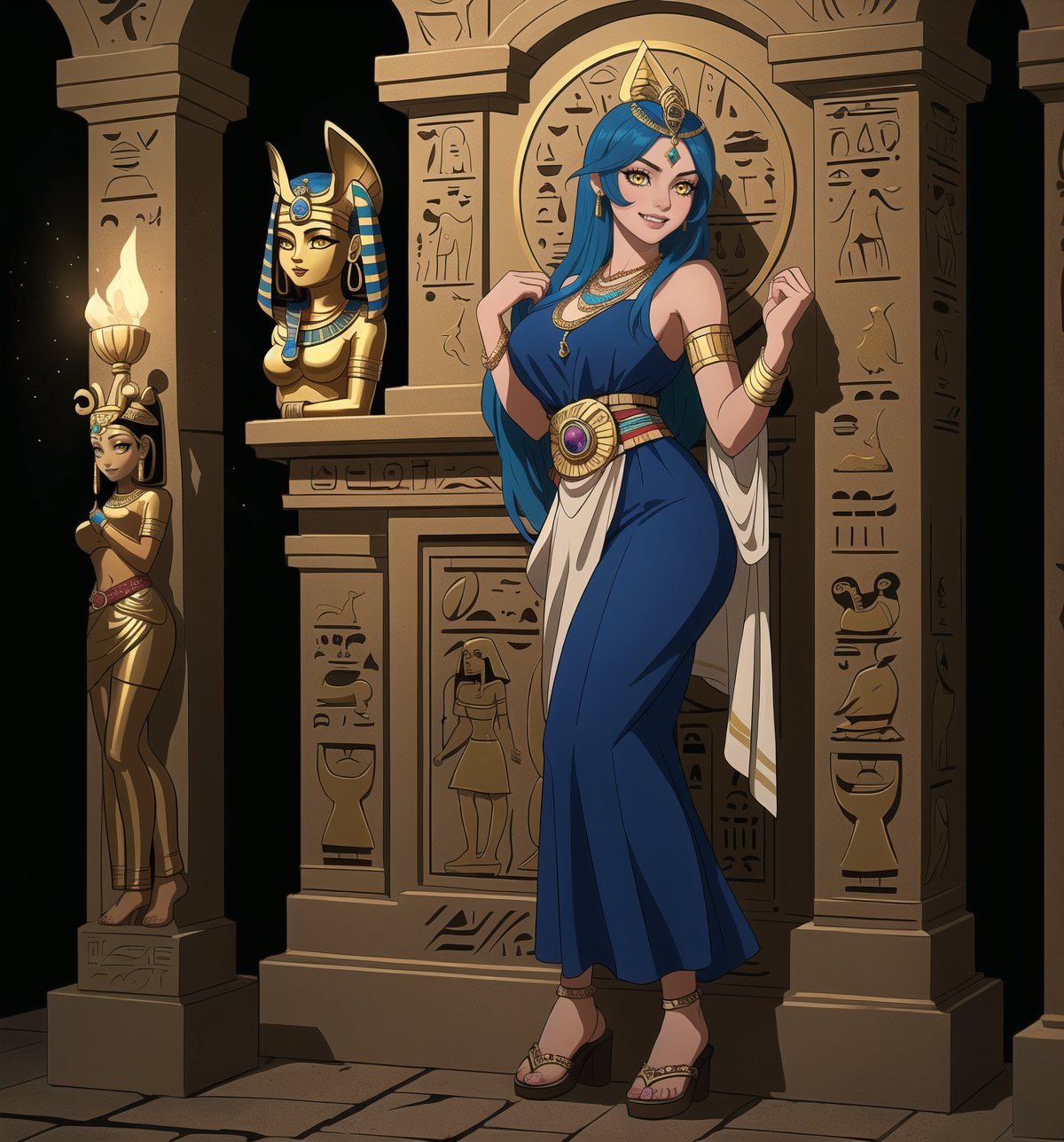 A masterpiece in 8K ultra-detailed resolution, combining the ancient Egyptian style with horror elements, rendered in ultra-high resolution with impressive details. | A 25-year-old woman wears an Egyptian outfit consisting of a white tunic with gold details, a long skirt with blue and gold stripes, a gold belt with scarab-shaped pendants, and gold sandals. She also wears a wide necklace with Eye of Horus pendants, gold bracelets with Egyptian engravings, and a gold tiara with a raised cobra on her forehead. Her blue hair is long and straight, with a side bang and a high hairstyle adorned with gold beads. Her yellow eyes are looking at the viewer while she smiles and shows her teeth. She is inside an Egyptian tomb, surrounded by hieroglyphs, statues of Egyptian gods, ancient sarcophagi, and hidden treasures. The atmosphere is mysterious and fascinating, with torchlight illuminating the tomb walls and creating dancing shadows. | The image highlights the beauty and mystery of the Egyptian woman, contrasting with the dark and scary tomb environment. The gold and blue details of the woman's outfit shine in the darkness, while the statues and hieroglyphs create a sense of antiquity and hidden secrets. The dramatic torchlight illuminates the scene's details and creates a tense and fearful atmosphere. | Soft and dark lighting effects create a mysterious and scary atmosphere, while detailed textures on the tomb walls, fabrics, and accessories add realism to the image. | A fascinating and terrifying scene of an Egyptian woman inside an ancient tomb, exploring themes of mystery, fear, and beauty. | (((((The image reveals a full-body shot of the character as she assumes a sensual pose. She enticingly leans, throws herself, and supports herself against a structure within the scene in an exciting manner. While leaning back, she takes on a sensual pose, boldly throwing herself onto the structure and reclining back in an exhilarating way.))))). | ((full-body shot)), ((perfect pose)), ((perfect fingers, better hands, perfect hands)), ((perfect legs, perfect feet)), ((huge breasts)), ((perfect design)), ((perfect composition)), ((very detailed scene, very detailed background, perfect layout, correct imperfections)), More Detail, Enhance,