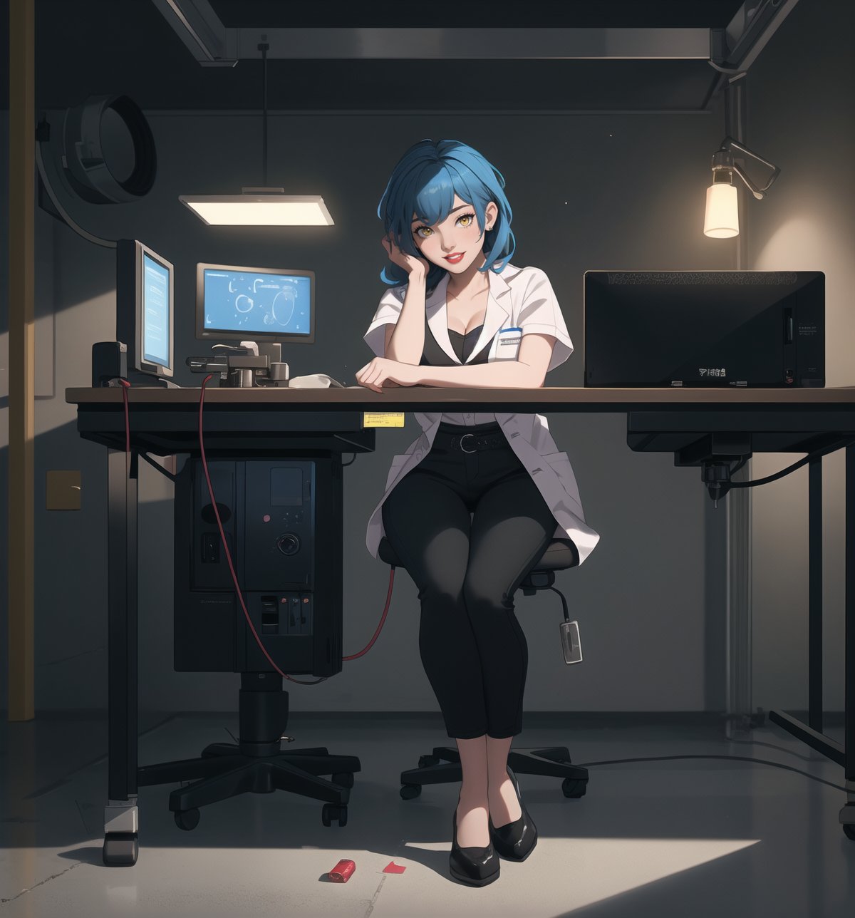 An ultra-detailed 16K masterpiece with a realistic and futuristic style, rendered in ultra-high resolution with stunning graphical detail. | Darla, a 30-year-old woman, is dressed in a scientist outfit consisting of a white shirt, black pants and a white lab coat. She is also wearing protective goggles and rubber gloves. His blue hair is short and combed back, with a slight disheveled effect. She has yellow eyes, looking at the viewer while smiling, showing her teeth and wearing red lipstick. She is in a sensual pose, leaning on a laboratory table with scientific equipment scattered around her. | The scene takes place in a disease study laboratory, with machines, metal structures, computers and concrete structures. Illumination is provided by fluorescent lights, creating harsh shadows on the walls and highlighting the details of the scene. | Soft, shadowy lighting effects create a tense, mysterious atmosphere, while detailed textures on materials and structures add realism to the image. | A sensual and intriguing scene of a scientist in a disease study laboratory, exploring themes of science, technology and seduction. | (((The image reveals a full-body shot as Darla assumes a sensual pose, engagingly leaning against a structure within the scene in an exciting manner. She takes on a sensual pose as she interacts, boldly leaning on a structure, leaning back and boldly throwing herself onto the structure, reclining back in an exhilarating way.))). | ((((full-body shot)))), ((perfect pose)), ((perfect limbs, perfect fingers, better hands, perfect hands)), ((perfect legs, perfect feet)), ((huge breasts)), ((perfect design)), ((perfect composition)), ((very detailed scene, very detailed background, perfect layout, correct imperfections)), More Detail, Enhance