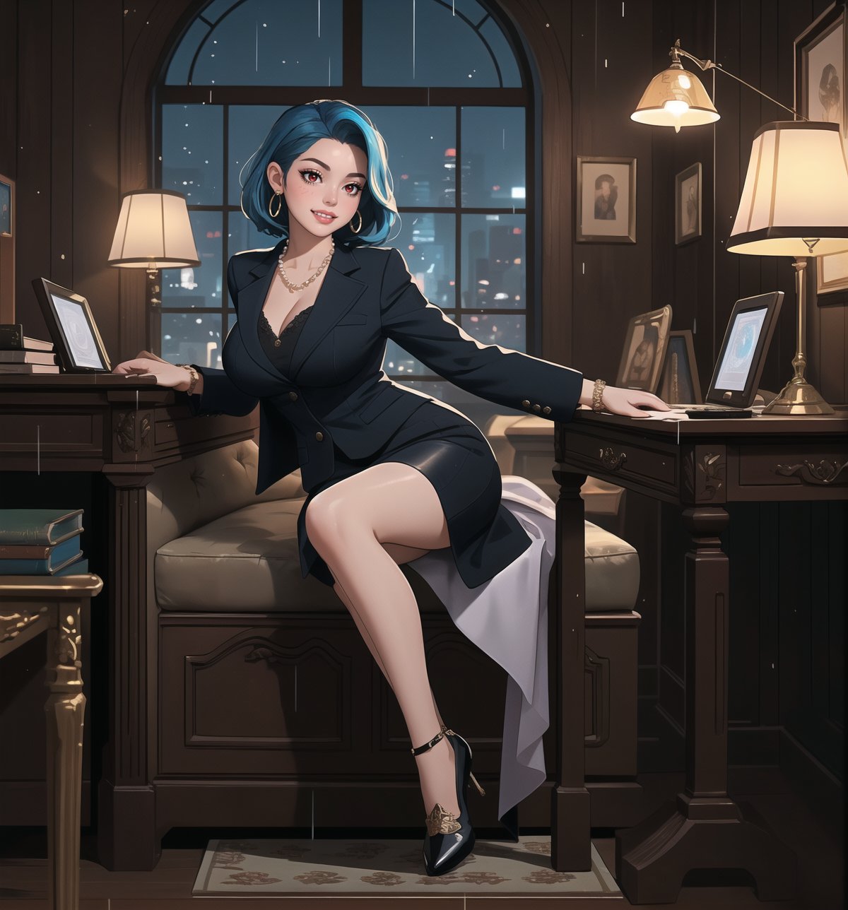 An ultra-detailed 4K fantasy-adventure masterpiece, rendered in ultra-high resolution with stunning graphical detail. | Sophia, a 35-year-old woman, is dressed in a lawyer's suit, consisting of a white blouse, black skirt and black jacket. She also wears a pearl necklace, pearl earrings, a gold bracelet, and a gold wristwatch. Her short blue hair is slicked back in a sleek, modern cut. Her red eyes are looking straight at the viewer, while she ((smiles and shows her teeth)), wearing bright red lipstick and war paint on her face. It is located in a law office, with wooden structures, a window showing the city at night, raining heavily, metal structures and a computer on the table. The light from the table lamp illuminates the room, creating a professional and focused atmosphere. | The image highlights Sophia's sensual and strong figure and the elements of the law office, creating an atmosphere of mystery and adventure. Dramatic lighting creates deep shadows and highlights details in the scene. | Soft, moody lighting effects create a relaxing and mysterious atmosphere, while rough, detailed textures on structures and decor add realism to the image. | A sensual and terrifying scene of a beautiful woman in a law office at night, fusing fantasy and adventure art elements. | (((The image reveals a full-body shot as Sophia assumes a sensual pose, engagingly leaning against a structure within the scene in an exciting manner. She takes on a sensual pose as she interacts, boldly leaning on a structure, leaning back and boldly throwing herself onto the structure, reclining back in an exhilarating way.))). | ((((full-body shot)))), ((perfect pose)), ((perfect limbs, perfect fingers, better hands, perfect hands))++, ((perfect legs, perfect feet))++, ((huge breasts)), ((perfect design)), ((perfect composition)), ((very detailed scene, very detailed background, perfect layout, correct imperfections)), Enhance++, Ultra details++, More Detail++