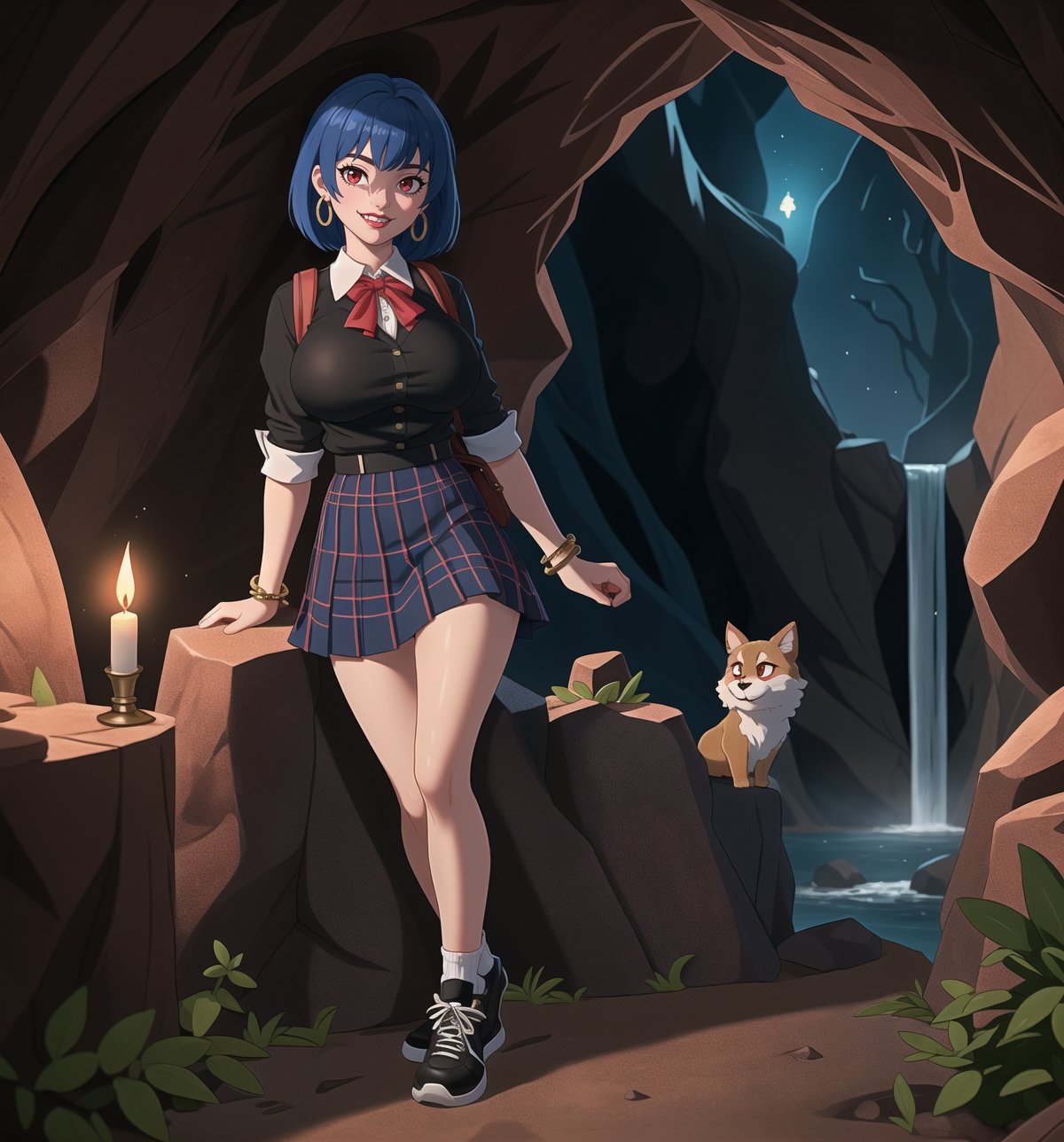 An ultra-detailed 4K fantasy-adventure masterpiece, rendered in ultra-high resolution with stunning graphical detail. | Akane, a young 22-year-old woman, is dressed in a schoolgirl uniform, consisting of a white blouse, black and red plaid skirt, black tie and black sneakers. She also wears a black cap with the school emblem, gold star-shaped earrings, black leather bracelets with metal details on the cuffs, and a black backpack. His short blue hair is disheveled, in a modern, shaggy cut. Her red eyes are looking straight at the viewer as she smiles and shows her teeth, wearing bright red lipstick and war paint on her face. It is located in a macabre cave, with rock structures, wooden structures, metal structures and a waterfall at the bottom. Candlelight illuminates the place, casting dancing shadows on the cave walls. | The image highlights Akane's sensual and strong figure and the macabre cave elements, creating an atmosphere of mystery and adventure. Dramatic lighting creates deep shadows and highlights details in the scene. | Soft, moody lighting effects create a relaxing and mysterious atmosphere, while rough, detailed textures on structures and decor add realism to the image. | A sensual and terrifying scene of a beautiful woman in a macabre cave, fusing elements of fantasy and adventure art. | (((The image reveals a full-body shot as Akane assumes a sensual pose, engagingly leaning against a structure within the scene in an exciting manner. She takes on a sensual pose as she interacts, boldly leaning on a structure, leaning back and boldly throwing herself onto the structure, reclining back in an exhilarating way.))). | ((((full-body shot)))), ((perfect pose)), ((perfect limbs, perfect fingers, better hands, perfect hands))++, ((perfect legs, perfect feet))++, ((huge breasts)), ((perfect design)), ((perfect composition)), ((very detailed scene, very detailed background, perfect layout, correct imperfections)), Enhance++, Ultra details++, More Detail++, poakl