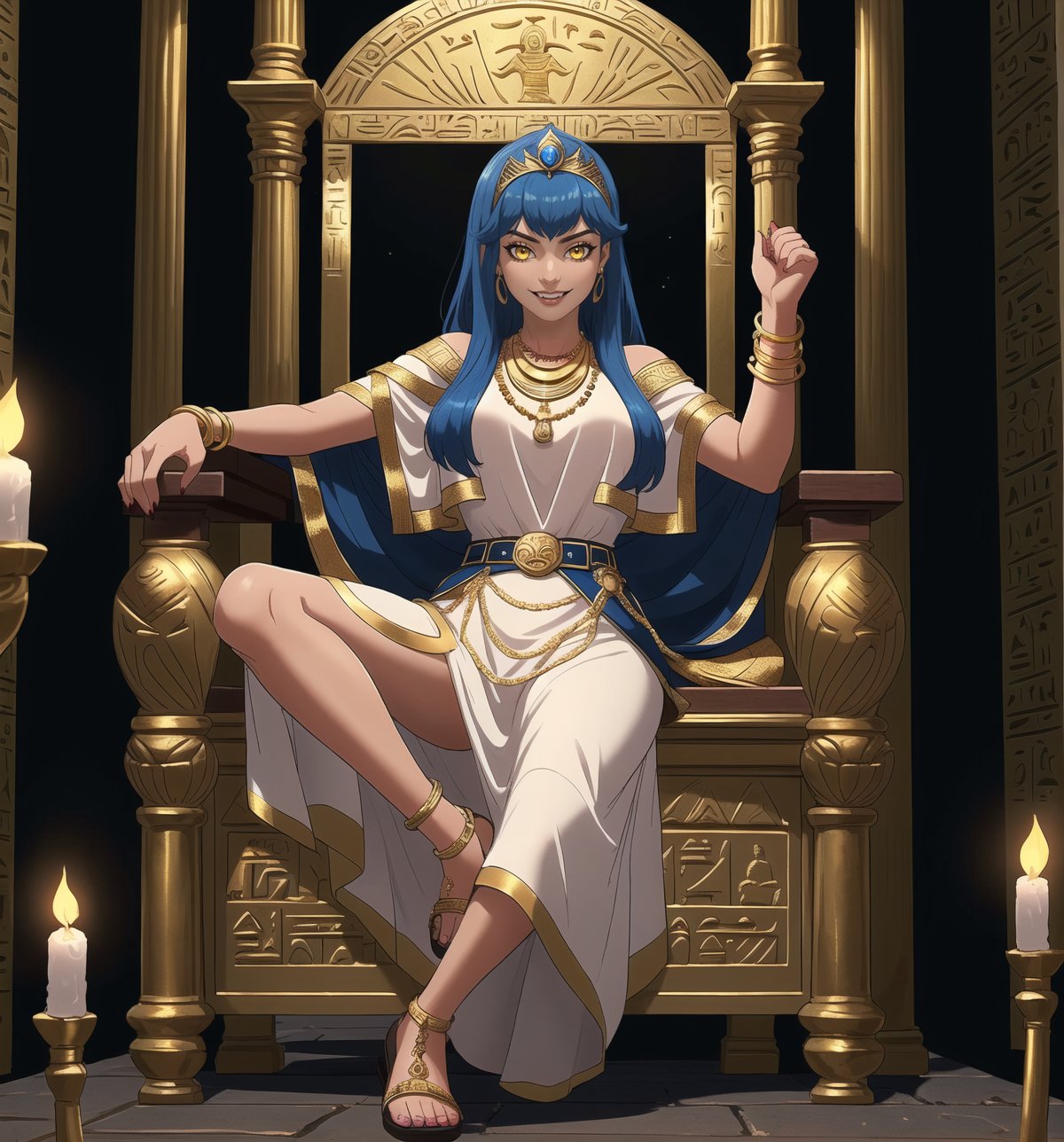 A masterpiece in 8K ultra-detailed resolution, combining the ancient Egyptian style with horror elements, rendered in ultra-high resolution with impressive details. | A 25-year-old woman wears an Egyptian outfit consisting of a white tunic with gold details, a long skirt with blue and gold stripes, a gold belt with scarab-shaped pendants, and gold sandals. She also wears a wide necklace with Eye of Horus pendants, gold bracelets with Egyptian engravings, and a gold tiara with a raised cobra on her forehead. Her blue hair is long and straight, with a side bang and a high hairstyle adorned with gold beads. Her yellow eyes are looking at the viewer while she smiles and shows her teeth. She is inside an Egyptian tomb, surrounded by hieroglyphs, statues of Egyptian gods, ancient sarcophagi, and hidden treasures. The atmosphere is mysterious and fascinating, with torchlight illuminating the tomb walls and creating dancing shadows. | The image highlights the beauty and mystery of the Egyptian woman, contrasting with the dark and scary tomb environment. The gold and blue details of the woman's outfit shine in the darkness, while the statues and hieroglyphs create a sense of antiquity and hidden secrets. The dramatic torchlight illuminates the scene's details and creates a tense and fearful atmosphere. | Soft and dark lighting effects create a mysterious and scary atmosphere, while detailed textures on the tomb walls, fabrics, and accessories add realism to the image. | A fascinating and terrifying scene of an Egyptian woman inside an ancient tomb, exploring themes of mystery, fear, and beauty. | (((((The image reveals a full-body shot of the character as she assumes a sensual pose. She enticingly leans, throws herself, and supports herself against a structure within the scene in an exciting manner. While leaning back, she takes on a sensual pose, boldly throwing herself onto the structure and reclining back in an exhilarating way.))))). | ((full-body shot)), ((perfect pose)), ((perfect fingers, better hands, perfect hands)), ((perfect legs, perfect feet)), ((huge breasts)), ((perfect design)), ((perfect composition)), ((very detailed scene, very detailed background, perfect layout, correct imperfections)), More Detail, Enhance,