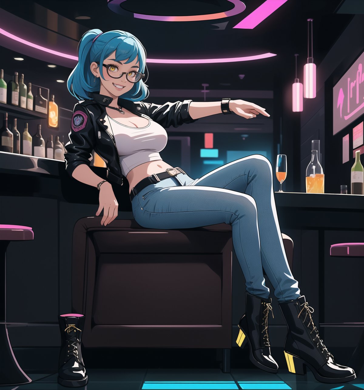 A masterpiece in 8K ultra-detailed resolution with Cyberpunk and Sci-Fi styles, rendered in ultra-high resolution with graphic details. | A young 23-year-old woman, wearing a black leather jacket with neon details, a white T-shirt, tight jeans, black leather boots and gloves, with a utility belt and augmented reality glasses. Her short blue hair, modern and stylish cut, with pink highlights, gently falls over her shoulders. Her yellow eyes look at the viewer with a ((seductive smile, showing her teeth)). | The image emphasizes the sensual figure of the woman in the middle of a modern bar with glass walls, metal furniture, neon lighting, holograms, and a dance floor. The electronic music plays loudly, creating a lively and energetic atmosphere. | Vibrant and colorful lighting effects create a futuristic and electrifying atmosphere, while detailed textures on the clothes and fabrics add realism to the image. | A sensual and futuristic scene of a young woman in a modern bar, exploring themes of seduction, technology, and energy. | (((((The image reveals a full-body shot of the character as she assumes a sensual pose. She enticingly leans, throws herself, and supports herself against a structure within the scene in an exciting manner. While leaning back, she takes on a sensual pose, boldly throwing herself onto the structure and reclining back in an exhilarating way.))))). | ((full-body shot)), ((perfect pose)), ((perfect fingers, better hands, perfect hands)), ((perfect legs, perfect feet)), ((huge breasts)), ((perfect design)), ((perfect composition)), ((very detailed scene, very detailed background, perfect layout, correct imperfections)), More Detail, Enhance