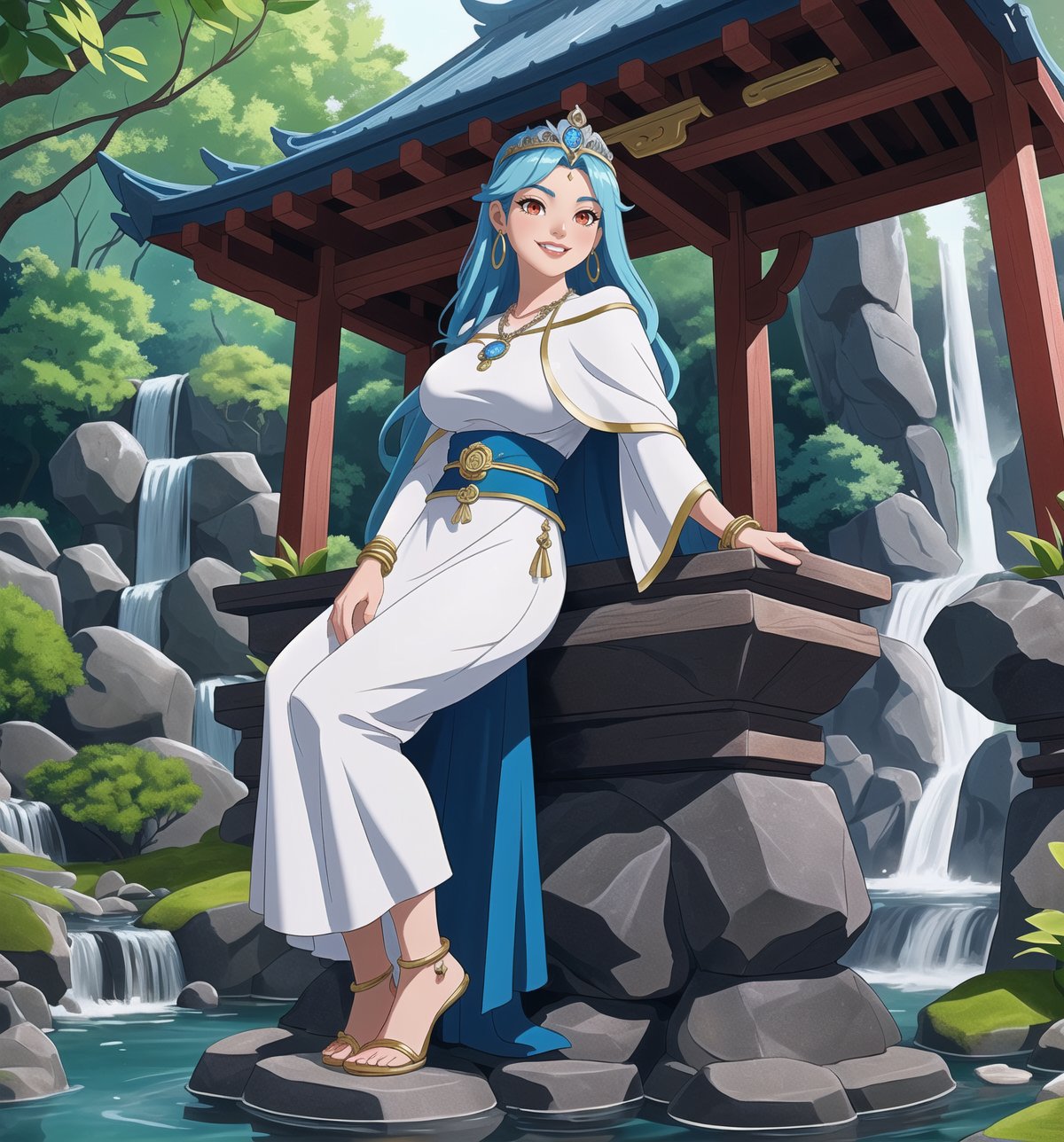 An ultra-detailed 4K masterpiece with fantastic style and water features. | A young priestess in her 20s, with long blue hair and glowing red eyes, stands in the middle of a temple at the waterfalls. She wears a water priestess costume, consisting of a white dress with blue details, a blue cloak and a silver tiara with a blue stone in the center. She also wears silver waterdrop earrings, a blue stone necklace, and a silver bracelet with blue accents. Her face shows a seductive and enigmatic expression as she looks at the viewer and ((smiles)), showing her white teeth and blue painted lips. | The image highlights the imposing figure of the priestess and the temple's architectural elements such as stone structures, wooden structures, statues of water gods, fountains and Zen gardens. The waterfalls and river surrounding the temple create a relaxing and mystical environment, while the natural lighting from the sun highlights the details of the scene. | Soft lighting effects and water reflections create an ethereal and seductive atmosphere, while detailed textures on fabrics and structures add realism to the image. | A mystical and seductive scene of a young water priestess in a temple at the waterfalls. | (((((The image reveals a full-body shot as she assumes a sensual pose, engagingly leaning against a structure within the scene in an exciting manner. She takes on a sensual pose as she interacts, boldly leaning on a structure, leaning back in an exciting way.))))). | ((full-body shot)), ((perfect pose)), ((perfect fingers, better hands, perfect hands)), ((perfect legs, perfect feet)), ((Big, huge breasts)), ((perfect design)), ((perfect composition)), ((very detailed scene, very detailed background, perfect layout, correct imperfections)), More Detail, Enhance