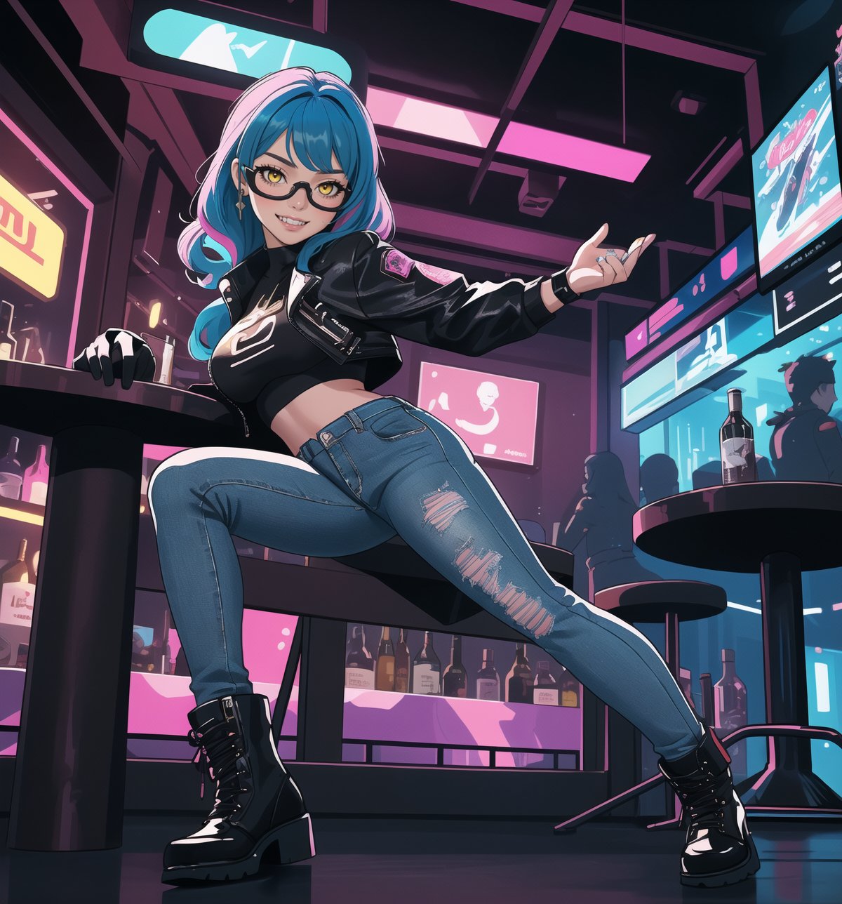 A masterpiece in 8K ultra-detailed resolution with Cyberpunk and Sci-Fi styles, rendered in ultra-high resolution with graphic details. | A young 23-year-old woman, wearing a black leather jacket with neon details, a white T-shirt, tight jeans, black leather boots and gloves, with a utility belt and augmented reality glasses. Her short blue hair, modern and stylish cut, with pink highlights, gently falls over her shoulders. Her yellow eyes look at the viewer with a ((seductive smile, showing her teeth)). | The image emphasizes the sensual figure of the woman in the middle of a modern bar with glass walls, metal furniture, neon lighting, holograms, and a dance floor. The electronic music plays loudly, creating a lively and energetic atmosphere. | Vibrant and colorful lighting effects create a futuristic and electrifying atmosphere, while detailed textures on the clothes and fabrics add realism to the image. | A sensual and futuristic scene of a young woman in a modern bar, exploring themes of seduction, technology, and energy. | (((((The image reveals a full-body shot of the character as she assumes a sensual pose. She enticingly leans, throws herself, and supports herself against a structure within the scene in an exciting manner. While leaning back, she takes on a sensual pose, boldly throwing herself onto the structure and reclining back in an exhilarating way.))))). | ((full-body shot)), ((perfect pose)), ((perfect fingers, better hands, perfect hands)), ((perfect legs, perfect feet)), ((huge breasts)), ((perfect design)), ((perfect composition)), ((very detailed scene, very detailed background, perfect layout, correct imperfections)), More Detail, Enhance