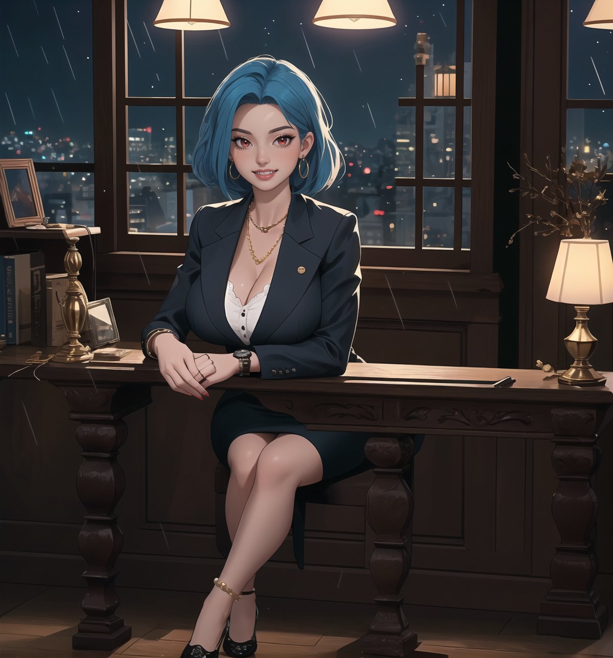 An ultra-detailed 4K fantasy-adventure masterpiece, rendered in ultra-high resolution with stunning graphical detail. | Sophia, a 35-year-old woman, is dressed in a lawyer's suit, consisting of a white blouse, black skirt and black jacket. She also wears a pearl necklace, pearl earrings, a gold bracelet, and a gold wristwatch. Her short blue hair is slicked back in a sleek, modern cut. Her red eyes are looking straight at the viewer, while she ((smiles and shows her teeth)), wearing bright red lipstick and war paint on her face. It is located in a law office, with wooden structures, a window showing the city at night, raining heavily, metal structures and a computer on the table. The light from the table lamp illuminates the room, creating a professional and focused atmosphere. | The image highlights Sophia's sensual and strong figure and the elements of the law office, creating an atmosphere of mystery and adventure. Dramatic lighting creates deep shadows and highlights details in the scene. | Soft, moody lighting effects create a relaxing and mysterious atmosphere, while rough, detailed textures on structures and decor add realism to the image. | A sensual and terrifying scene of a beautiful woman in a law office at night, fusing fantasy and adventure art elements. | (((The image reveals a full-body shot as Sophia assumes a sensual pose, engagingly leaning against a structure within the scene in an exciting manner. She takes on a sensual pose as she interacts, boldly leaning on a structure, leaning back and boldly throwing herself onto the structure, reclining back in an exhilarating way.))). | ((((full-body shot)))), ((perfect pose)), ((perfect limbs, perfect fingers, better hands, perfect hands))++, ((perfect legs, perfect feet))++, ((huge breasts)), ((perfect design)), ((perfect composition)), ((very detailed scene, very detailed background, perfect layout, correct imperfections)), Enhance++, Ultra details++, More Detail++