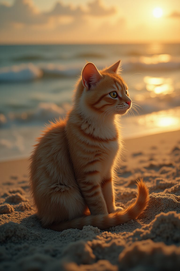 Imagine a solitary cat, its fur kissed by the golden hues of the setting sun, perched gracefully on the sandy shores. It gazes out towards the vast sea, where the azure horizon kisses the sky. The gentle sea breeze ruffles its whiskers, and the rhythmic sound of the waves serenades this peaceful moment. hyper-realistic detailed background,
