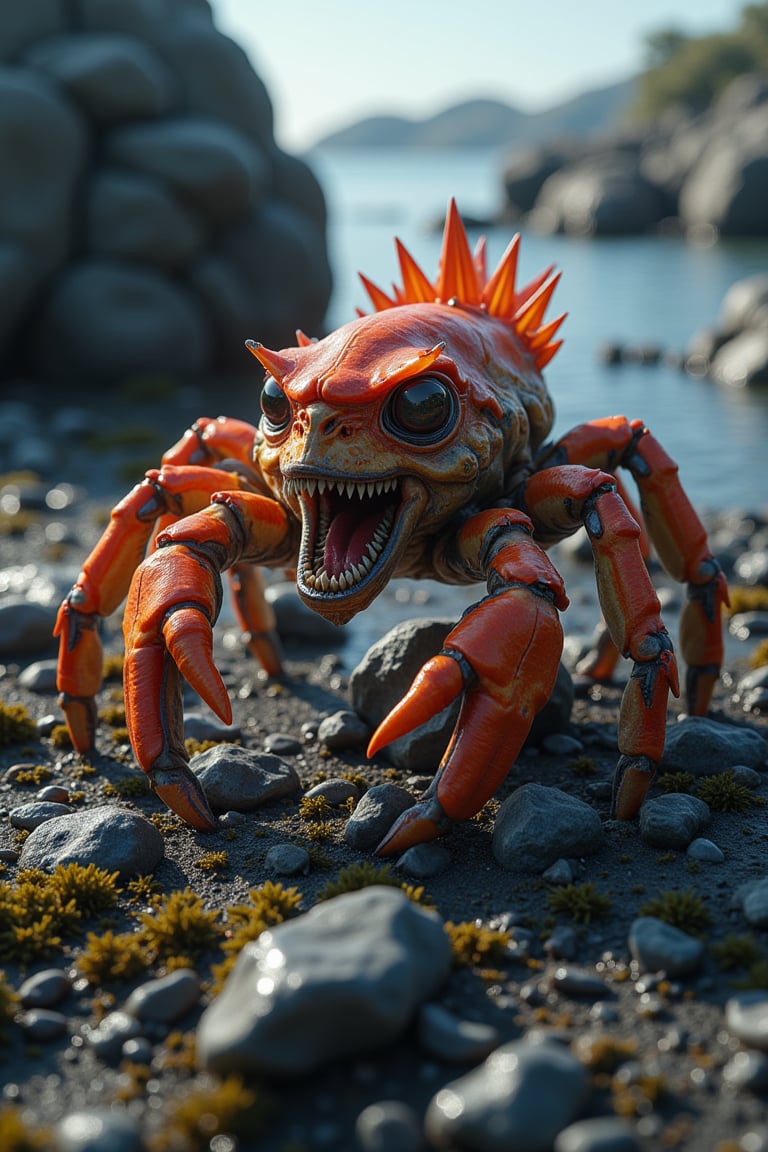 Create a breathtakingly realistic 8K resolution Creature Mashup: monster creature crab with long neck like chicken neck, crab legs,crystal stone, set in at rocky beach with seaweed background, ground angle shot, ray tracing, strobe light, hdr lighting, chromatic aberration, v_ray, ray casting, shadow,
