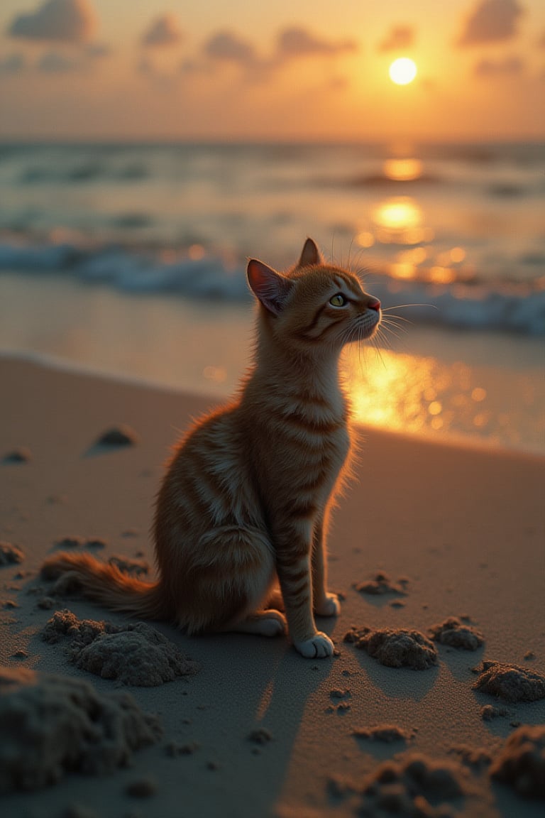 Imagine a solitary cat, its fur kissed by the golden hues of the setting sun, perched gracefully on the sandy shores. It gazes out towards the vast sea, where the azure horizon kisses the sky. The gentle sea breeze ruffles its whiskers, and the rhythmic sound of the waves serenades this peaceful moment. hyper-realistic detailed background,
