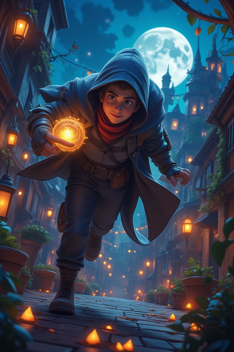 A rogue thief escaping with a priceless artifact across rooftops under moonlight.