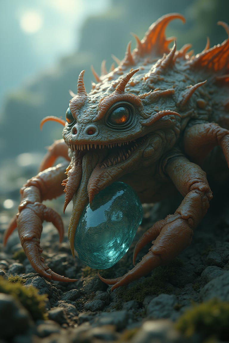 Create a breathtakingly realistic 8K resolution Creature Mashup: monster creature crab with long neck like chicken neck, crab legs,crystal stone, set in at rocky beach with seaweed background, ground angle shot, ray tracing, strobe light, hdr lighting, chromatic aberration, v_ray, ray casting, shadow,
