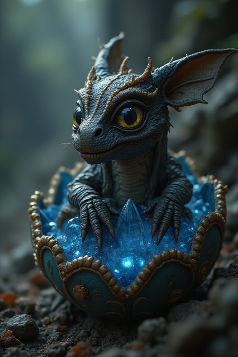 baby dragon hatching out of a blue egg(4k), (masterpiece), (best quality), (extremely intricate), (realistic), (sharp focus), (award-winning), (cinematic lighting), (extremely detailed), black skin, big ears, big yellow eyes, crystals, cliff side background, fantasy, magic, glow, dim lighting, misty, gems, adventure,
