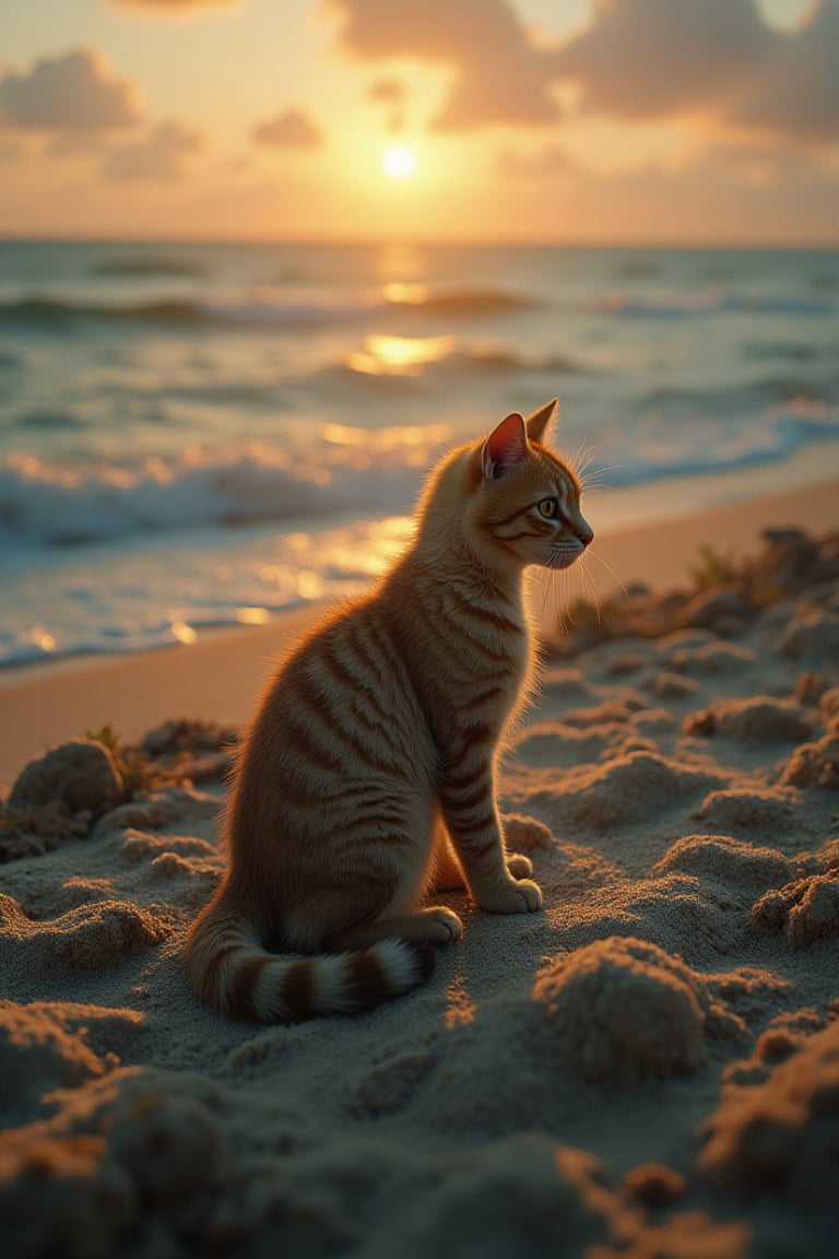 Imagine a solitary cat, its fur kissed by the golden hues of the setting sun, perched gracefully on the sandy shores. It gazes out towards the vast sea, where the azure horizon kisses the sky. The gentle sea breeze ruffles its whiskers, and the rhythmic sound of the waves serenades this peaceful moment. hyper-realistic detailed landscape background,
