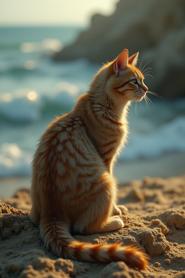 Imagine a solitary cat, its fur kissed by the golden hues of the setting sun, perched gracefully on the sandy shores. It gazes out towards the vast sea, where the azure horizon kisses the sky. The gentle sea breeze ruffles its whiskers, and the rhythmic sound of the waves serenades this peaceful moment. hyper-realistic detailed background,
