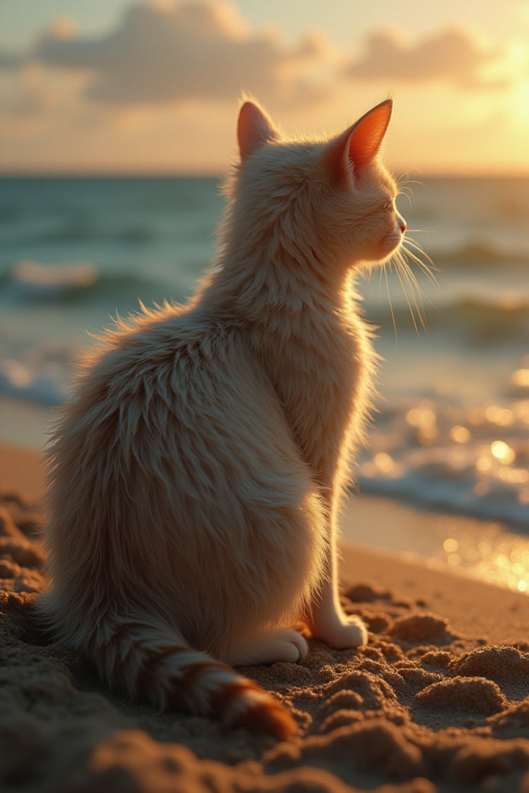 Imagine a solitary cat, its fur kissed by the golden hues of the setting sun, perched gracefully on the sandy shores. It gazes out towards the vast sea, where the azure horizon kisses the sky. The gentle sea breeze ruffles its whiskers, and the rhythmic sound of the waves serenades this peaceful moment. hyper-realistic detailed landscape background,
