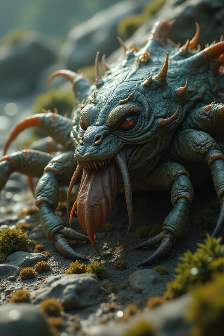 Create a breathtakingly realistic 8K resolution Creature Mashup: monster creature crab with long neck like chicken neck, crab legs,crystal stone, set in at rocky beach with seaweed background, ground angle shot, ray tracing, strobe light, hdr lighting, chromatic aberration, v_ray, ray casting, shadow,
