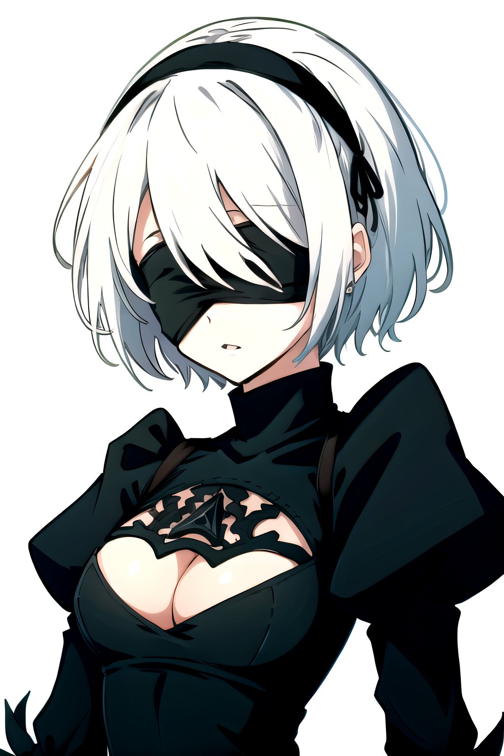 yorha no. 2 type b, medium breasts, short hair, cleavage cutout, turtleneck, cleavage, parted lips, mole under mouth, black hairband, puffy sleeves, blindfold, dress, juliet sleeves, black blindfold, hairband, solo, upper body, white background, mole, clothing cutout, 1girl, white hair, black dress, long sleeves