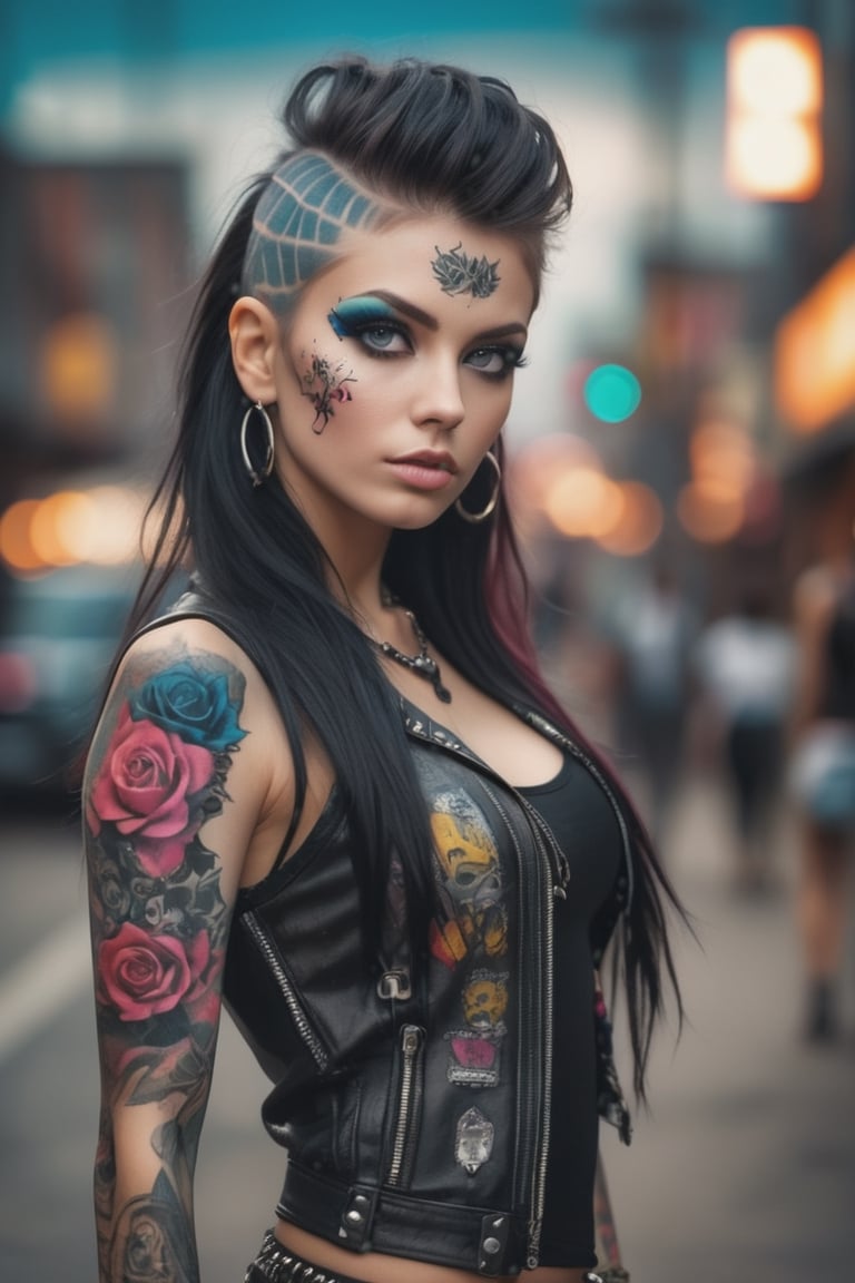 Ultra-Realistic Photo Of A very Beautiful Woman In The Image Of 'punk lady'  Fashion Outfit In Style body art,
Long dark Hair, Beautiful hot Eyes, Highly Detailed portrait 8K,background 5D abstract