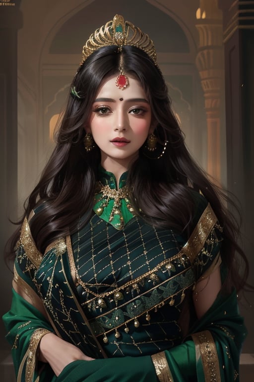 In a grand palace, the air is filled with an aura of royalty and elegance. The beautiful indian queen stands tall, exuding grace and poise. She wears an exquisite green colour saree made of rich silk, adorned.  arcane color theme. Wearing thin Jewels, black long hair, full pose, in palace bacground with no characters in the backround