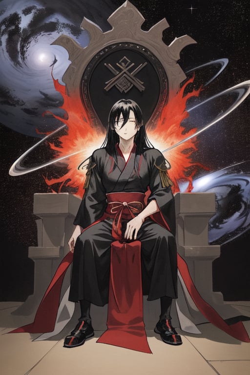 YORIICHI TSUGIKUNI (MALE) (DEMON SLAYER), LONG BLACK HAIR, SLEEK RED HAIR, SITTING ON THE THRONE, HOLDING UNIVERSE, OBSERVING THE UNIVERSE.