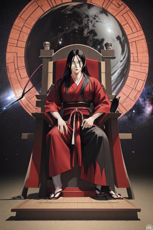 YORIICHI TSUGIKUNI (MALE) (DEMON SLAYER), LONG BLACK HAIR, SLEEK RED HAIR, SITTING ON THE THRONE, HOLDING UNIVERSE, OBSERVING THE UNIVERSE, CREATING MULTI-VERSES. 3D, JAPANESE CLOTHES.