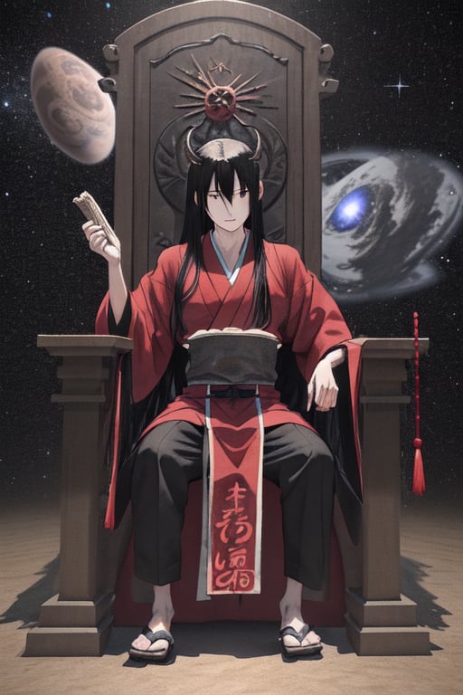 YORIICHI TSUGIKUNI (MALE) (DEMON SLAYER), LONG BLACK HAIR, SLEEK RED HAIR, SITTING ON THE THRONE, HOLDING UNIVERSE, OBSERVING THE UNIVERSE, CREATING MULTI-VERSES. 3D.