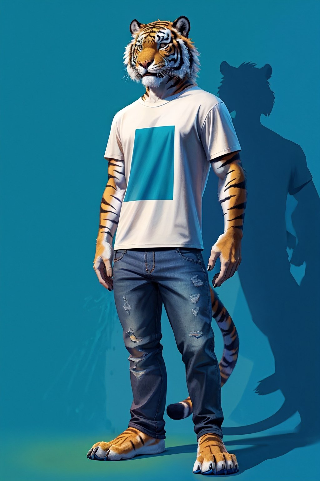 full-length_portrait, saber-toothed tiger, fur, black stripes, male, jeans, T-shirt,ear_rod, abstract liquid lines on the background, black and blue splashes and shadows