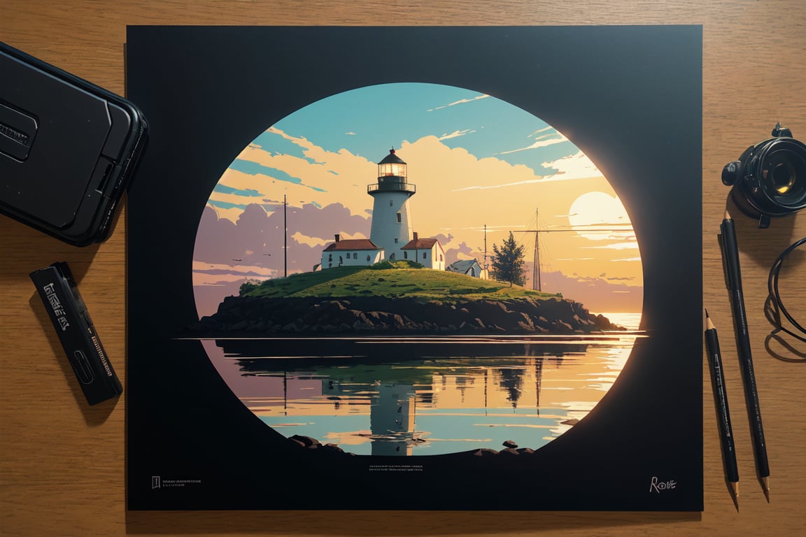 an illustration of a lighthouse, vector art, t-shirt print, T-shirt design, (3 color only), high quality, unreal engine, greg rutkowski, loish, rhads, beeple, makoto shinkai and lois van baarle, ilya kuvshinov, rossdraws, tom bagshaw, alphonse mucha, global illumination, detailed and intricate environment