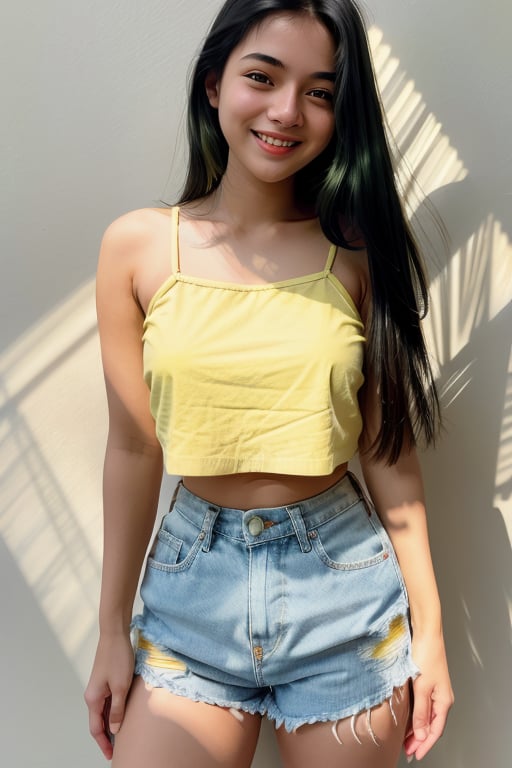 photorealistic, masterpiece, best quality, raw photo, 1girl, small breast, white skin complexion European-Asian blood mix, wearing thin and transparent reaped yellow-green  , spaghetti strap high crop top, no bra under,  ultra short reaped blue denim shorts, medium size breast, long straight hair, bright black eyes, detailed eyes and face, portrait, dynamic lighting, dim lighted back ground, deep shadow, low key, sweet smiling