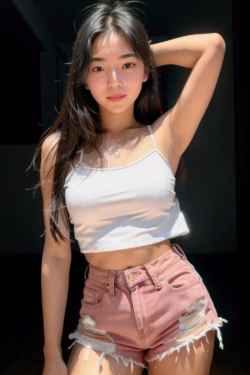 photorealistic, masterpiece, best quality, raw photo, 1girl, white skin complexion European-Asian blood mix, wearing light pink  semi-transparent, spaghetti strap crop top, ultra short denim shorts, medium size dressed breast, long straight hair, bright black eyes, detailed eyes and face, portrait, dynamic lighting, in the dark, deep shadow, low key, sweet smiling