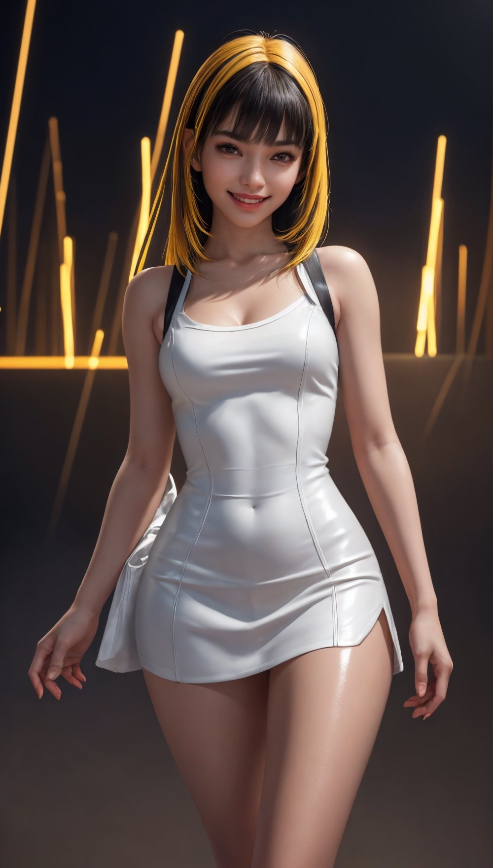 (((Filipino-Australian blood mix))), beautiful cyber punk, ((smiling)), (((tri-colored straight long thin  hair ))), (((hair strip highlight on bangs and sides))),  Kite face shape: 2.0, High resolution soft skin complexion, tender medium breast, (((white skin complexion))), (((wearing fitted bodycon latex dress in 2 color combination))), (((cut off dress design))), (((fitted micro skirt type dress))), (((cleavage shown))), correct physical anatomy, correct hand and fingers arrangement, High detail RAW color photo professional photo, (realistic, photo realism:1.4), (highest quality), (best shadow), ultra high resolution, (((Secret camera shoot))), highly detailed CG unified 8K wallpapers, depth of field, cinematic lighting, dark back ground, masterpiece, 16k, high details, high resolution, (delicate face), perfect detail, perfect feet, sexy legs, medium breast, full body, cinematic lighting, dark studio, ((hyper detailed face)),(((exposed thighs))), (((Night at futuristic City back ground))), sexy latexsuit,girl,bzolivia,realistic