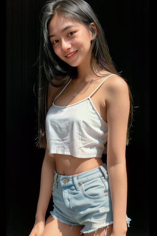 photorealistic, masterpiece, best quality, raw photo, 1girl, white skin complexion European-Asian blood mix, wearing light green  semi-transparent, spaghetti strap crop top, ultra short reap black denim shorts, medium size dressed breast, long straight hair, bright black eyes, detailed eyes and face, portrait, dynamic lighting, in the dark, deep shadow, low key, sweet smiling