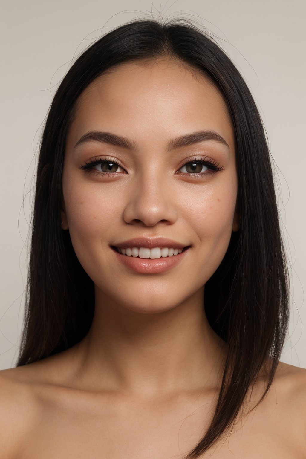 Aesthetic, best quality image, (((Filipino-Australian blood mix))), ((smiling)), (((black straight thin hair))), (((highly detailed black Filipino eyes 1.4))),  (((tender small breast))), Kite face shape: 2.0, High resolution soft skin complexion, close set tiny eyes, Thin rounded eye brows:2.85, small thin lips:2.5, Beautiful perfect teeth, concave contour nose, straight base nose, medium nose, pointed ear,(((white skin complexion))), a 20 year old woman, Filipino-Italian blood mix: 4.0, naked: 5.0, nude: 5.0, 
    smiling, black straight thin hair, highly detailed black Filipino eyes, tender small breast: 5.0, 
    pinkies nipple: 5.0, no bra:5.0, white skin complexion, Perfect human hands, 
    beautiful detailed hands, perfect female toes: 4.0, beautiful detailed female toes: 4.0, 
    detailed female feet: 4.0, Correct female human anatomy, hi-top fade, dark theme, 
    soothing tones, muted colors, high contrast, natural skin texture, hyperrealism, soft light,
    sharp, positive first person, portrait view, front view, thigh to head view, 