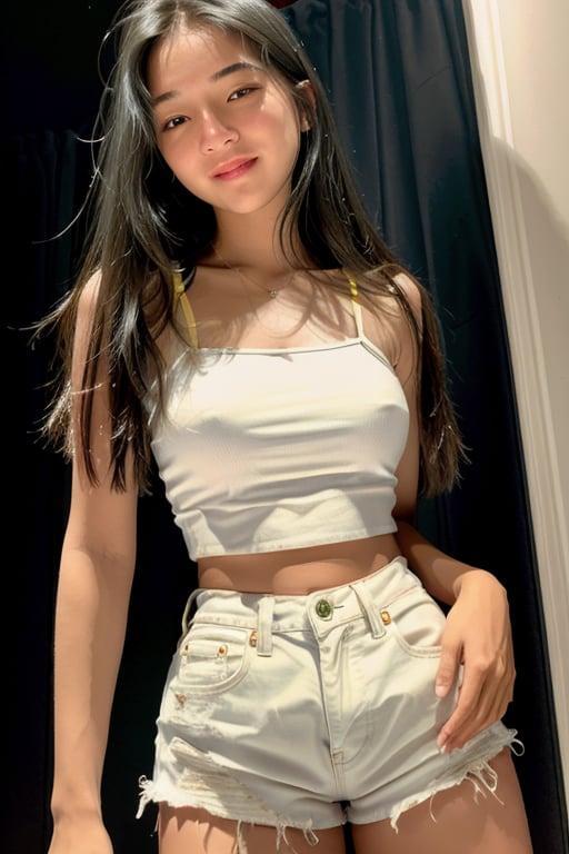 photorealistic, masterpiece, best quality, raw photo, 1girl, white skin complexion European-Asian blood mix, wearing thin and transparent reaped yellow-green  , spaghetti strap high crop top, ultra short reaped blue denim shorts, medium size breast, long straight hair, bright black eyes, detailed eyes and face, portrait, dynamic lighting, in the dark, deep shadow, low key, sweet smiling