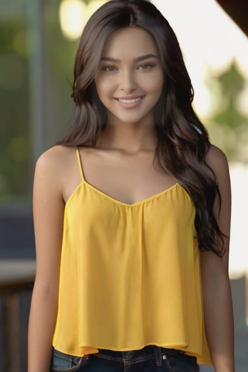 1young girl, sweet smiling,Filipino- Morocan blood mix, highly detailed very beautiful face, looking at the viewer, black hair, straight long hair: 5.0, small slender breasts: 5.0, white skin complexion, model shoot style, straight hair, (front partly open breasts: 1.3), (front open shirt:1.5), wearing  yellow loose hanging camisole top: 8.0 and black denim super micro short, full body portrait, ((8k, RAW photo, highest quality, masterpiece), High detail RAW color photo professional photo, (realistic, photo realism:1.4), (highest quality), (best shadow), (best illustration), ultra high resolution, highly detailed CG unified 8K wallpapers, physics-based rendering, (((bokeh))), depth of field, cinematic lighting, dark back ground, masterpiece, 16k, high details, highres, 8k,kristinapimenova,colorful_girl_v2,alluring.