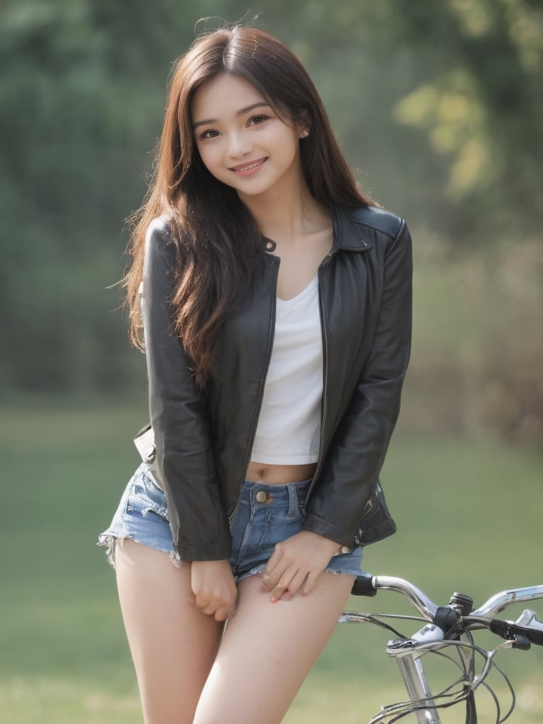 (((pinay beauty))), beautiful teen biker, ((smiling)), (((black straight long thin hair , Kite face shape: 2.0, High resolution soft skin complexion, ((((small tender breast)))), (((white skin complexion))), (((wearing loose high cut hanging sleave less shirt ))), red hanging shirt, (((fitted micro short))), (((cleavage shown))), slim sexy body, correct physical anatomy, correct hand and fingers arrangement, High detail RAW color photo professional photo, (((out door back ground))), (realistic, photo realism:1.4), (highest quality), (best shadow), ultra high resolution, highly detailed CG unified 8K wallpapers, depth of field, cinematic lighting, masterpiece, 16k, high details, high resolution, (delicate face), perfect detail, perfect feet, sexy legs, full body, cinematic, ((hyper detailed face)), (((exposed thighs))), (((riding in a mountain bike))), Pinay Teen Beauty. 
