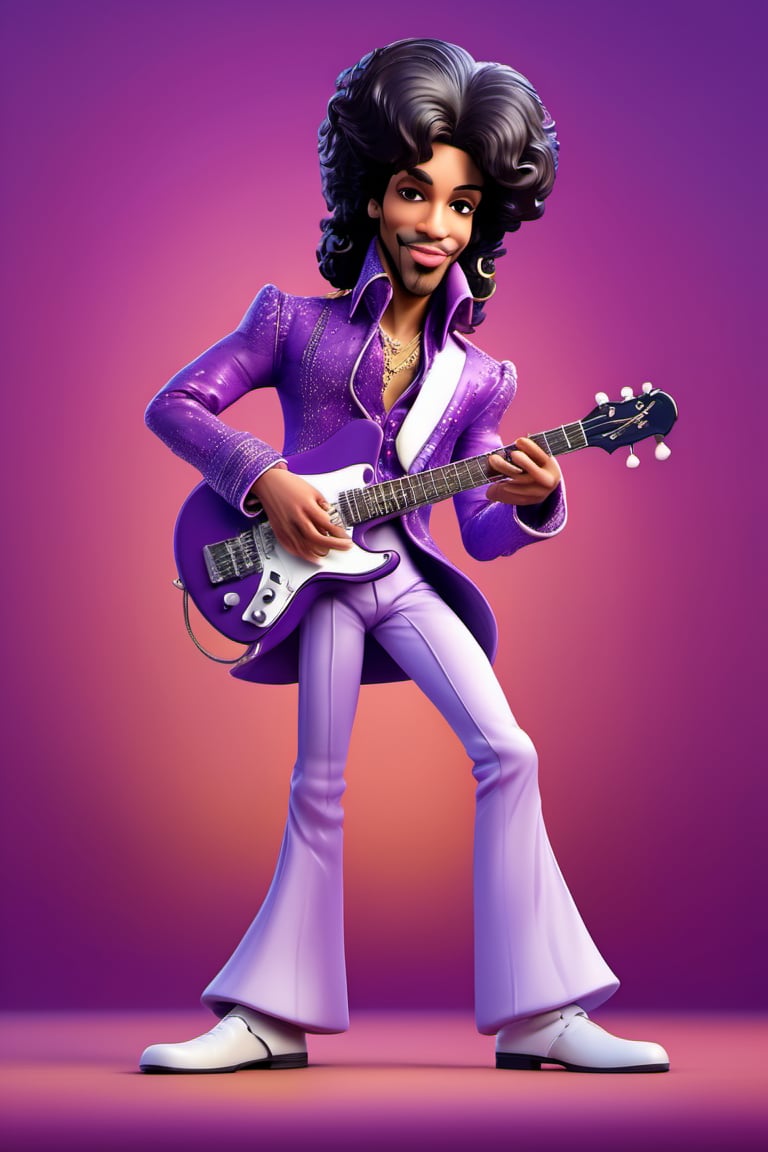 Caricature figure of musician Prince (((standing))), head, legs, purple dimentional background, high-res,