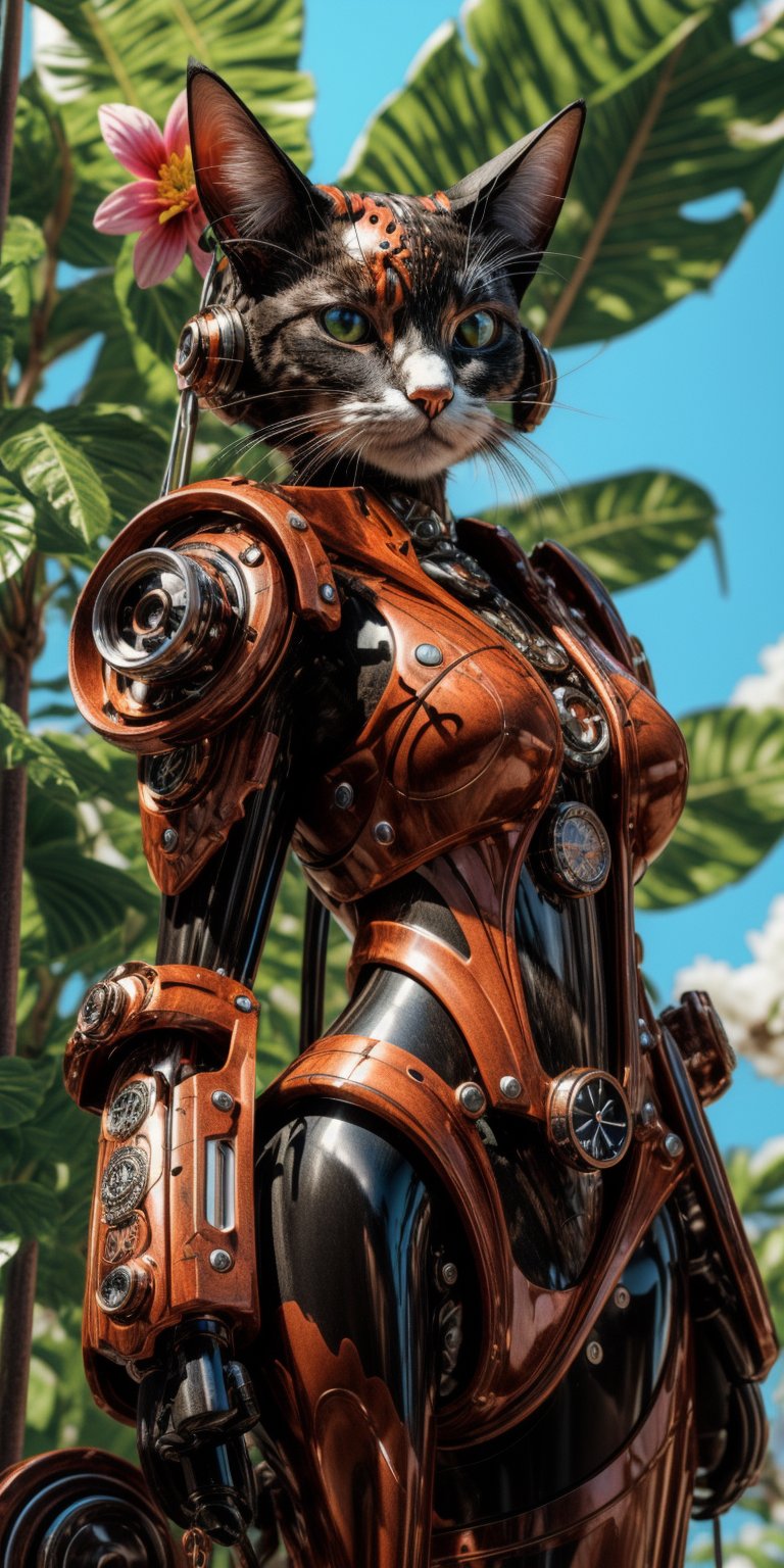 (8k, 3D, UHD, highly detailed, masterpiece) A steampunk cat  • Intricately detailed, intricate complexity, 8k resolution, octane render, hdr+, photoreal, hyperreal, masterpiece, perfect anatomy

add a lot of tropical colorful flowers in the background
,mecha musume