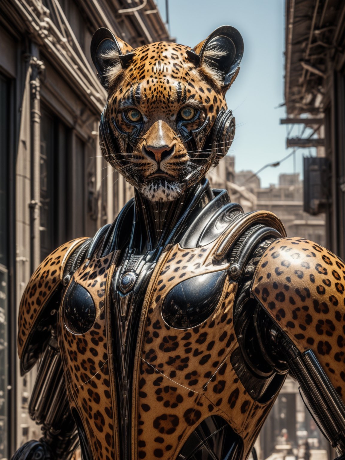 (8k, 3D, UHD, highly detailed, masterpiece) A decopunk leopard • Intricately detailed, intricate complexity, 8k resolution, octane render, hdr+, photoreal, hyperreal, masterpiece, perfect anatomy, male body, detailed eyes, hyper detailed face

add a decopunk style foutain in the background
,mecha musume