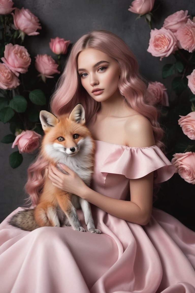 raw realistic potarait of beautiful woman in ((pink fancy ball dress)) beautiful face,(grey eyes)simple make,rose gold color beautiful wavy hair, smooth skin, extremely beautiful sitting ,  long rose gold hair ,grey eyes, (holding a pink baby fox in hand)inocent,cinemtic look , grainy cinematic, fantasy vibes  godlyphoto r3al,detailmaster2,aesthetic portrait, cinematic colors, earthy , moody, floral background, 