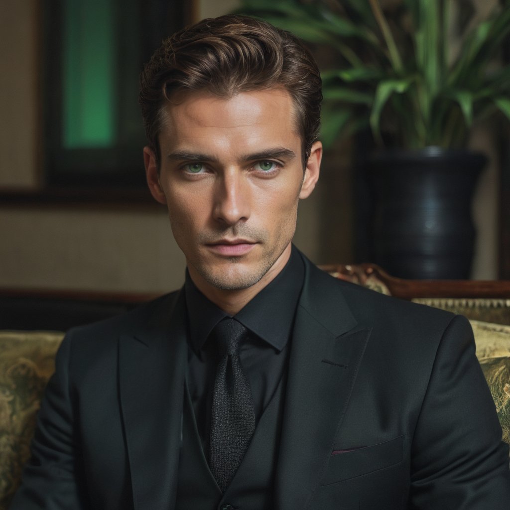 ,a  40 yr handsome business man in black suit, green eyes,  handsome, sophisticated, sharp jawline, sitting on sofa in style perfect sharp jawline,)Dimly Lit palace room, detailed face,  dark theme, Night, soothing tones, muted colors, high contrast, (natural skin texture, hyperrealism, soft light, sharp), (freckles:0.3), (cinemtic scene),  Cannon EOS 5D Mark III, 85mmcinemtic look , ((grainy cinematic))godlyphoto r3al,detailmaster2,aesthetic portrait, cinematic colors, earthy , moody, floral background, 