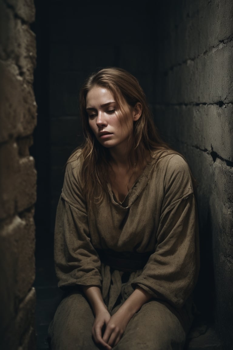 raw realistic cinematic scene,a young woman with golden brown hair in dirty tunic trapped in a dungeon cell,sad, depressed, sitting in corner, crying, cinemtic lookcinemtic look , (((((((grainy cinematic,  godlyphoto r3al,detailmaster2,aesthetic portrait, cinematic colors, earthy , moody,  )))))))